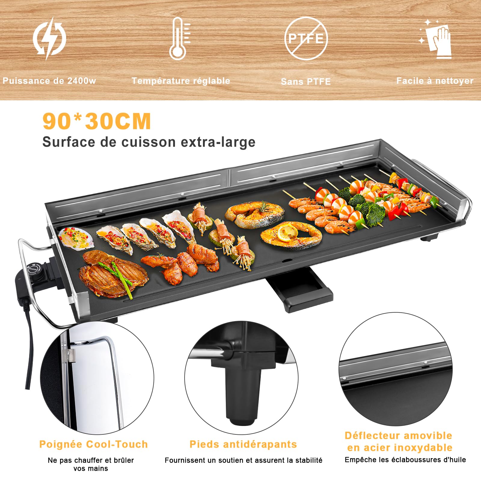 AEWHALE Plancha Électrique XXL 2400W-Grill électrique avec pare-éclaboussures en acier inoxydable & Thermostat réglable - Revêtement antiadhésif,Pour intérieur & exterieur,Extra Large (90x33cm)