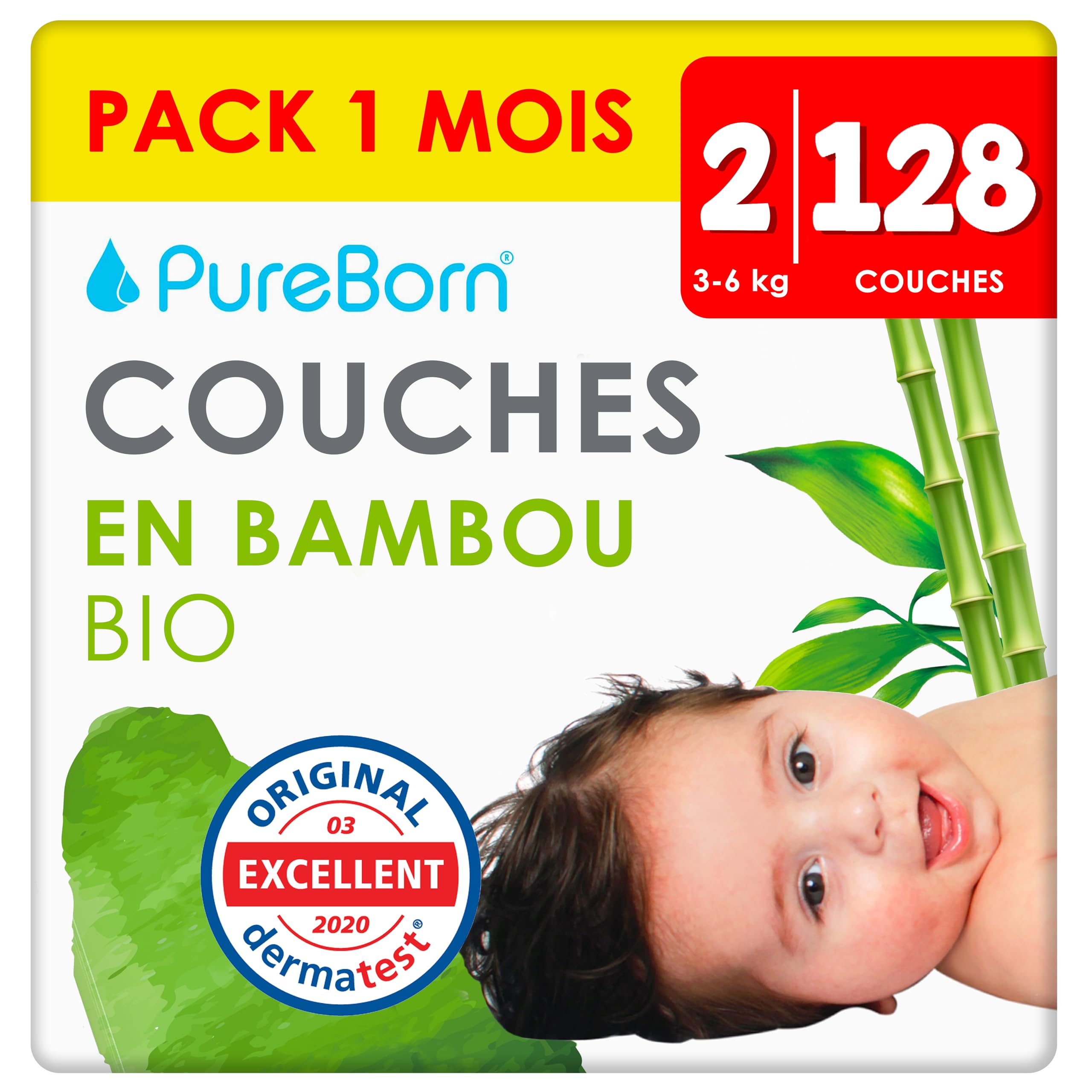 PureBorn 128 Couches Taille 2 (3-6 kg), Ultra-Absorbantes, Hypoallergéniques, Couches douces pour Bébé 2-4 mois, Testées Dermatologiquement, Anti-fuites, Écologiques en Bambou Naturel