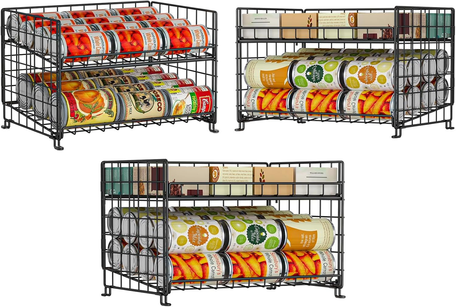 Adjustable Rack Organizer, Stackable 2-Tier Storage for Kitchen Pantry Cabinet, Can Holders for Food, Multifunctional Dispenser for Snacks Soda-3 Pack