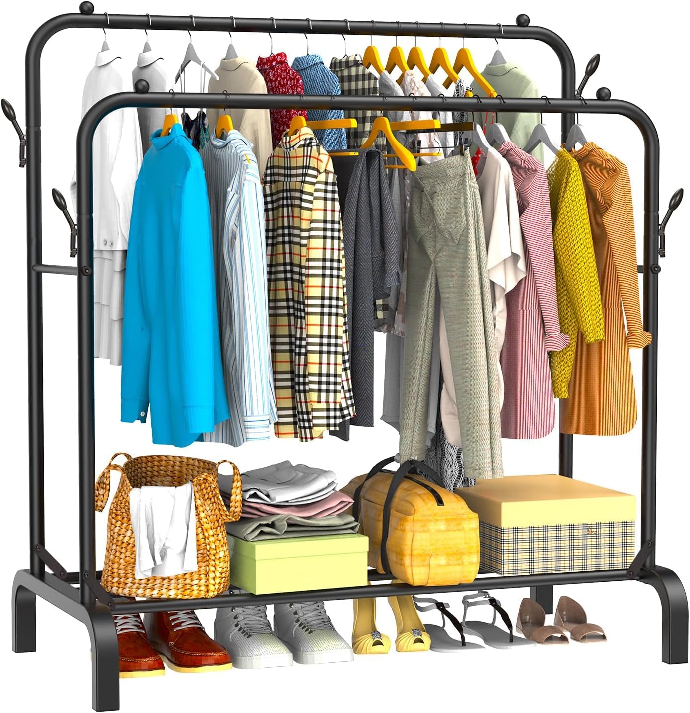 YasTant Heavy Duty Clothes Rail for Bedroom, 110 × 55 × 145cm Sturdy Hanging Clothes Rack for Garments, Double Metal Clothing Rail with Storage Shelf, Max 95 kg (Black)