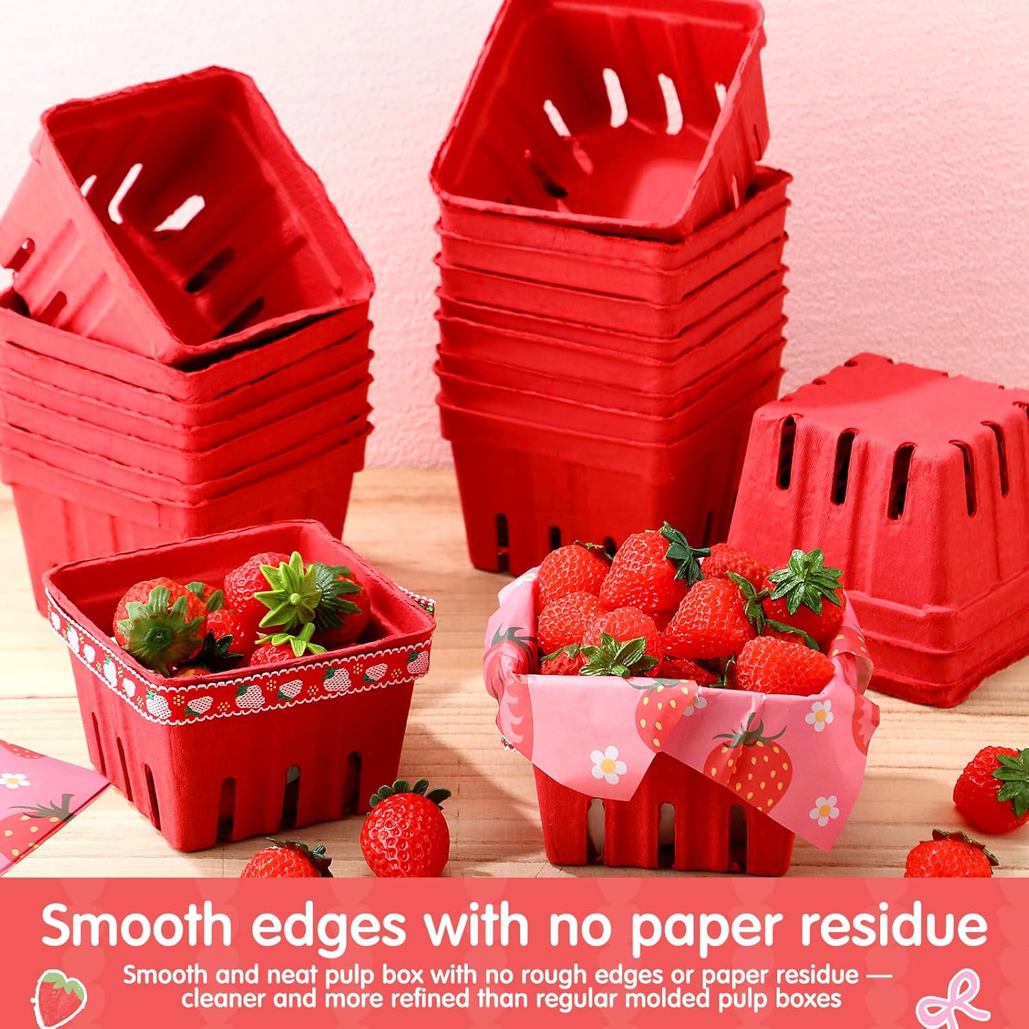 Mimorou Red Natural Pulp Fiber Berry Baskets, 4.3 x 4.3 x 4.3 Molded Produce Vented Basket Paper Fruit Containers for Party Decor Strawberry Blueberry Raspberry Vegetable Farmer Market Grocery(50 Pcs)