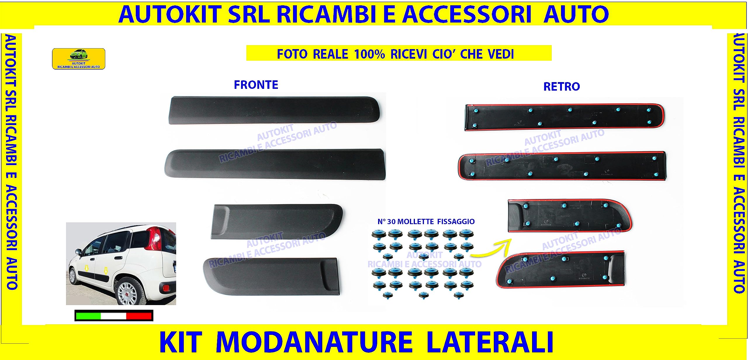 KIT SERIE MODANATURE LATERALI FASCE PORTA PORTIERE PARACOLPI SPORTELLI per PANDA modello 312 prodotte dal 2012 in poi - 368330-3683331 - 3683332-3683333