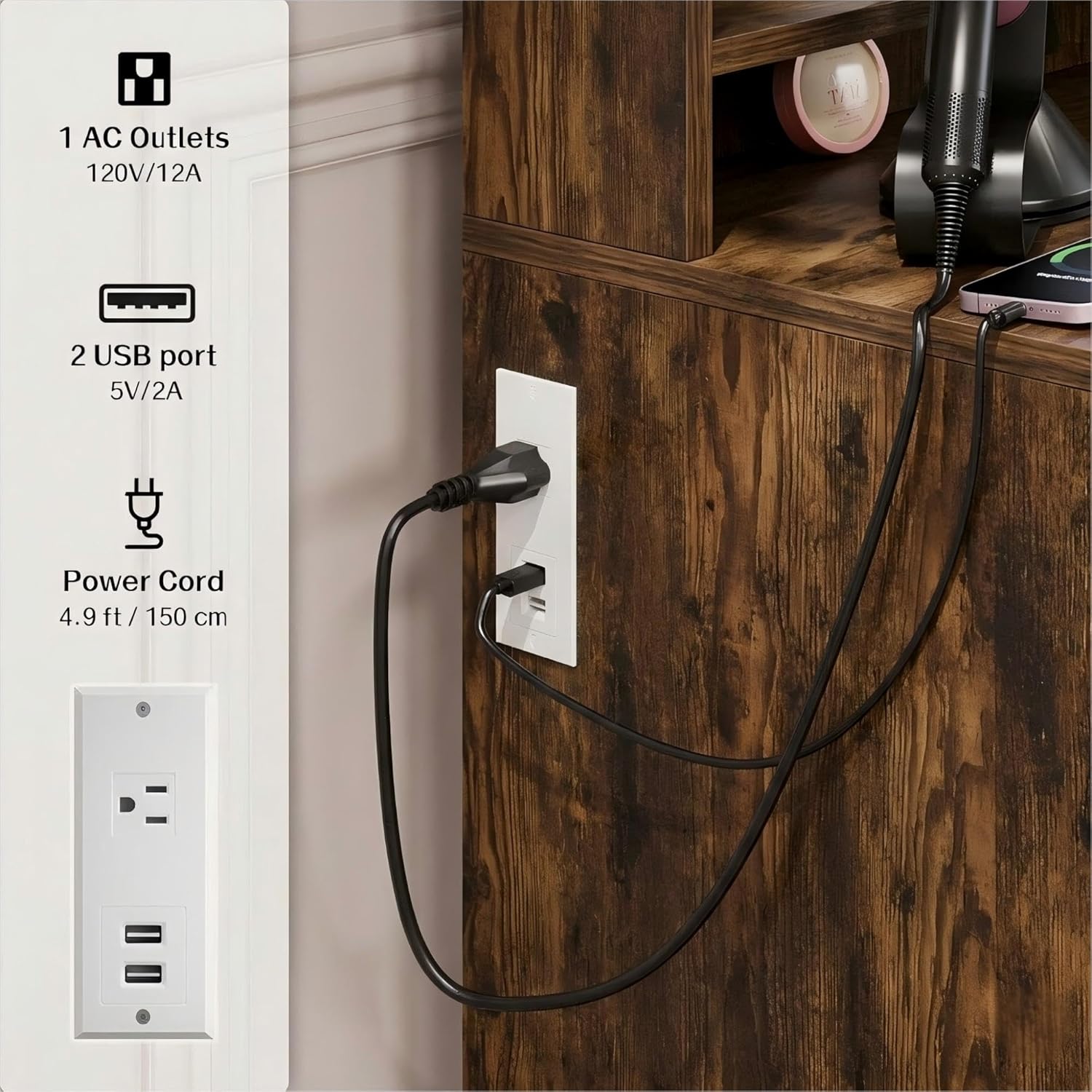 Haewon Small Vanity Desk with Mirror and Lights, Makeup Vanity with Charging Station, Compact Dressing Table Set with Storage Chair, Drawer and Shelves for Bedroom, Vintage Brown