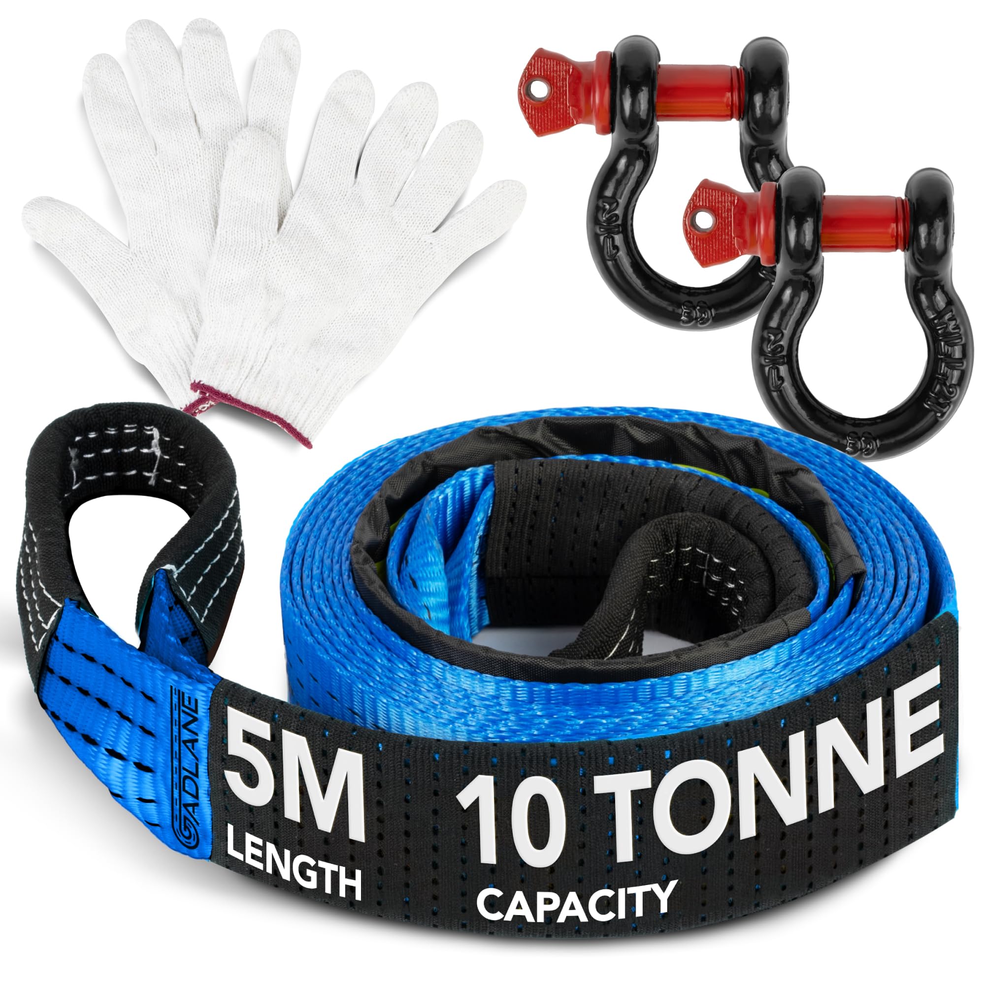 GADLANE Hochsichtbares Abschleppseil, 5 m x 5 cm dick, 10 Tonnen Kapazität, verschleißfestes Polyester mit verstärkten Enden, UV-beschichteter Abschleppgurt, robuste D-Ring-Bügel, Aufbewahrungstasche