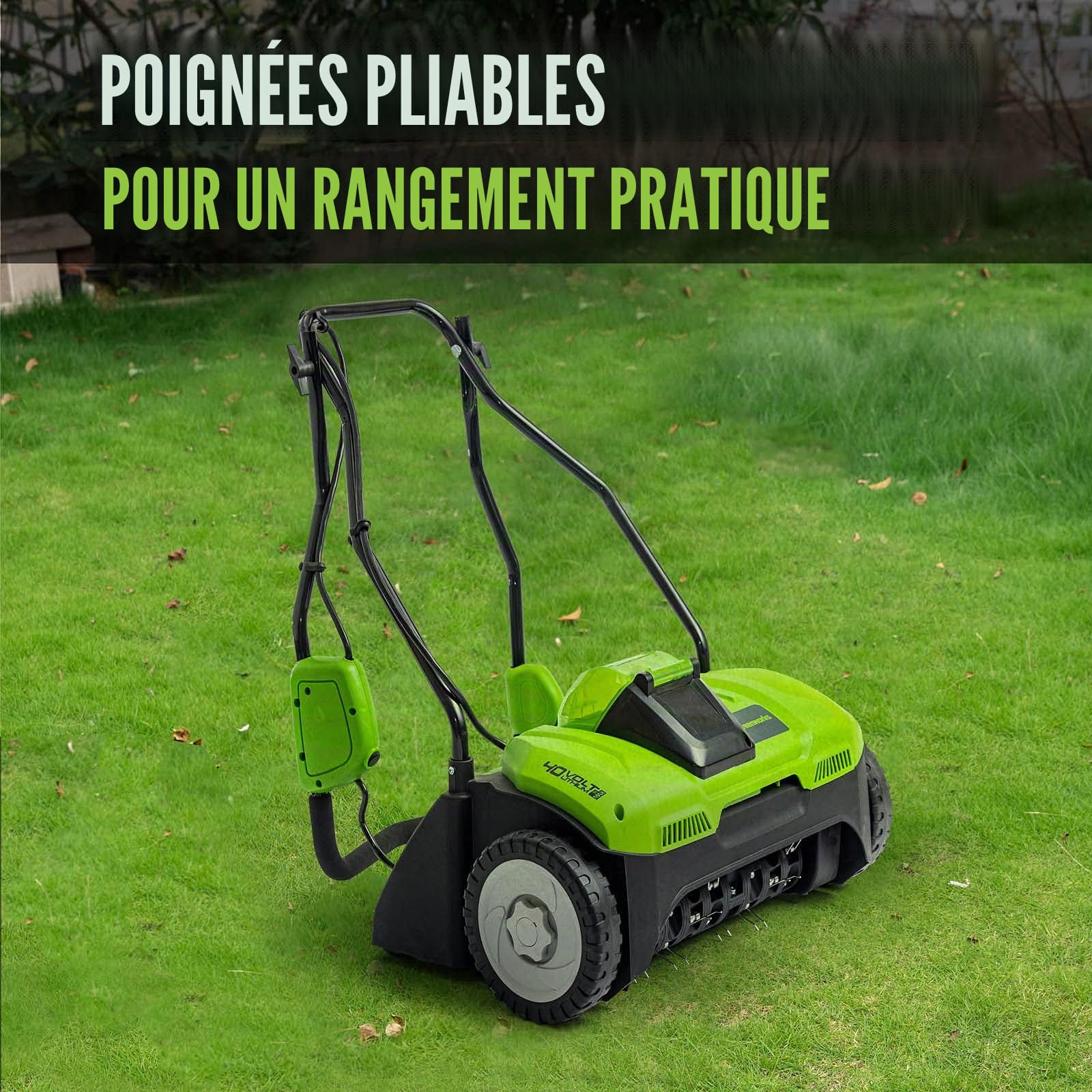 Greenworks 40V Scarificateur électriques Aérateur à Gazon Sans Fil, Émousseur, 3600 tr/min, Largeur de Travail 36 cm, Bac de Ramassage 30 L avec Batterie 2,5 ah et un Chargeur G40DT35K25