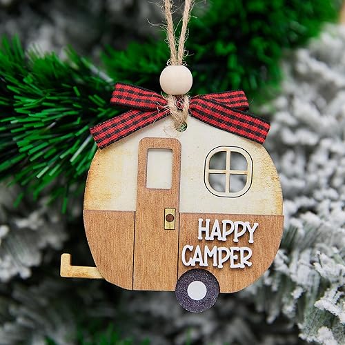 Happy Camper Christmas Ornament 4 Inch – Layered Wooden Retro Travel Trailer Decoration Gift for RV Owners Campers Road Trip Enthusiast Rustic Farmhouse Keepsake