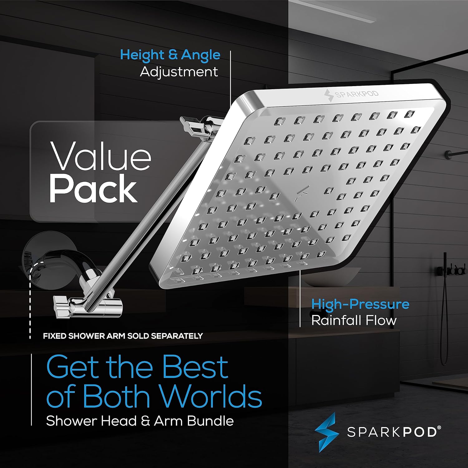 SparkPod Square Rain Shower Head with Extension Arm - Height Adjustable Shower Head with High Pressure Performance - Easy 1-Minute Installation (8" Square, Luxury Polished Chrome)