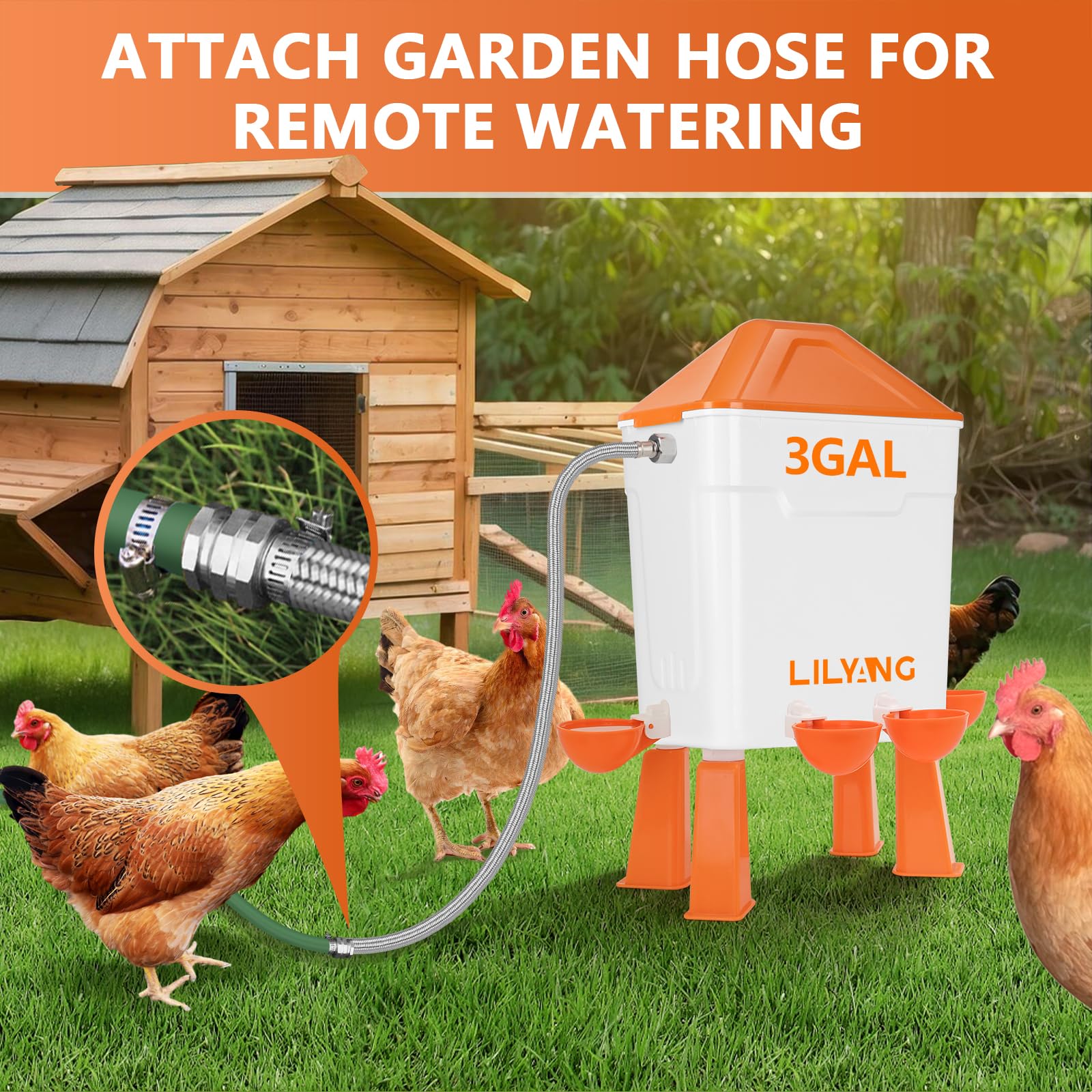 Lilyang Regadera automática para pollos de 3 galones, con control de flotador, diseño para colgar/de pie, se conecta a grifo y manguera de 3/4 pulgadas, solución de hidratación sin esfuerzo para