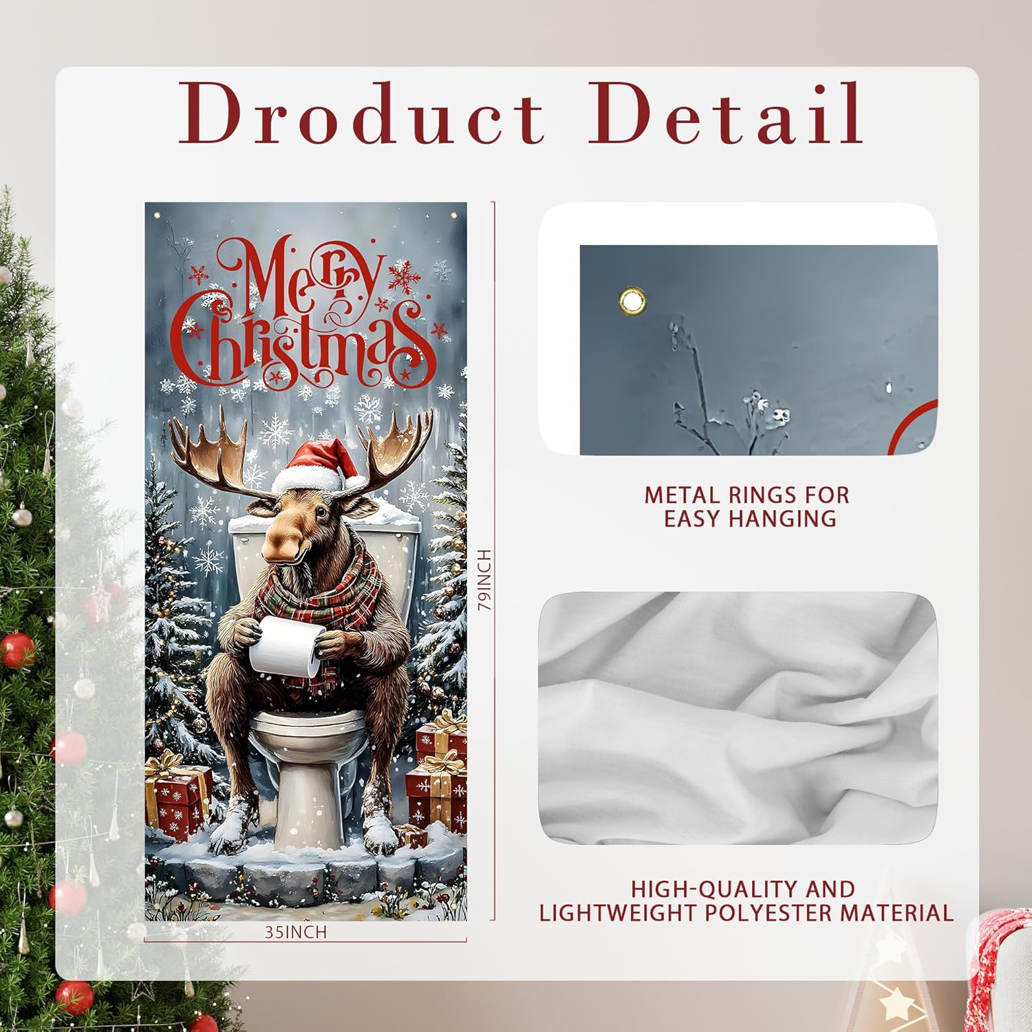 JINYO Funny Christmas Bathroom Door Decorations Curtains, Merry Christmas Winter Moose Bathroom Door Covers Doorway Banners Background Backdrop Decor for Winter Holiday Party, 35 * 79 Inch - Image 4