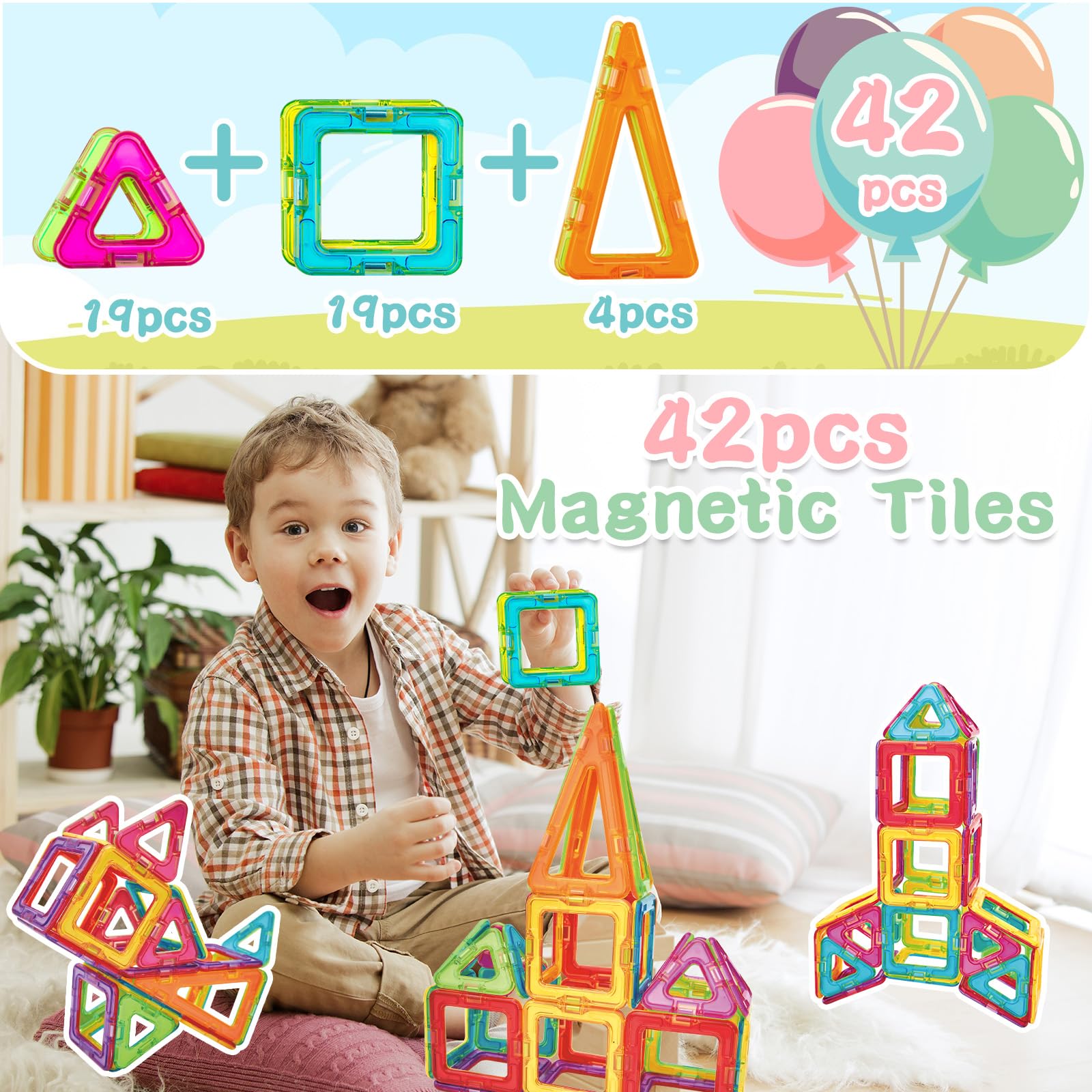 Theefun Costruzioni Magnetiche 42 Pezzi, Costruzioni Magnetiche Bambini Giocattoli Educativi per la Costruzione Tessere Magnetiche Mattoncini Magnetici Ideale per Ragazze e Ragazzi