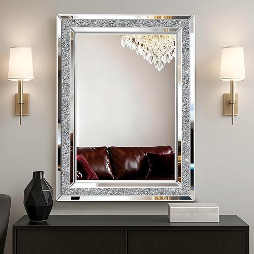 Decorative Wall Mirror, 32x24 Crushed Diamond Mirrors with Crystal for Wall Decor Living Room Silver Luxury Modern Mirrored Home Decoration Big Large Mirror Silver