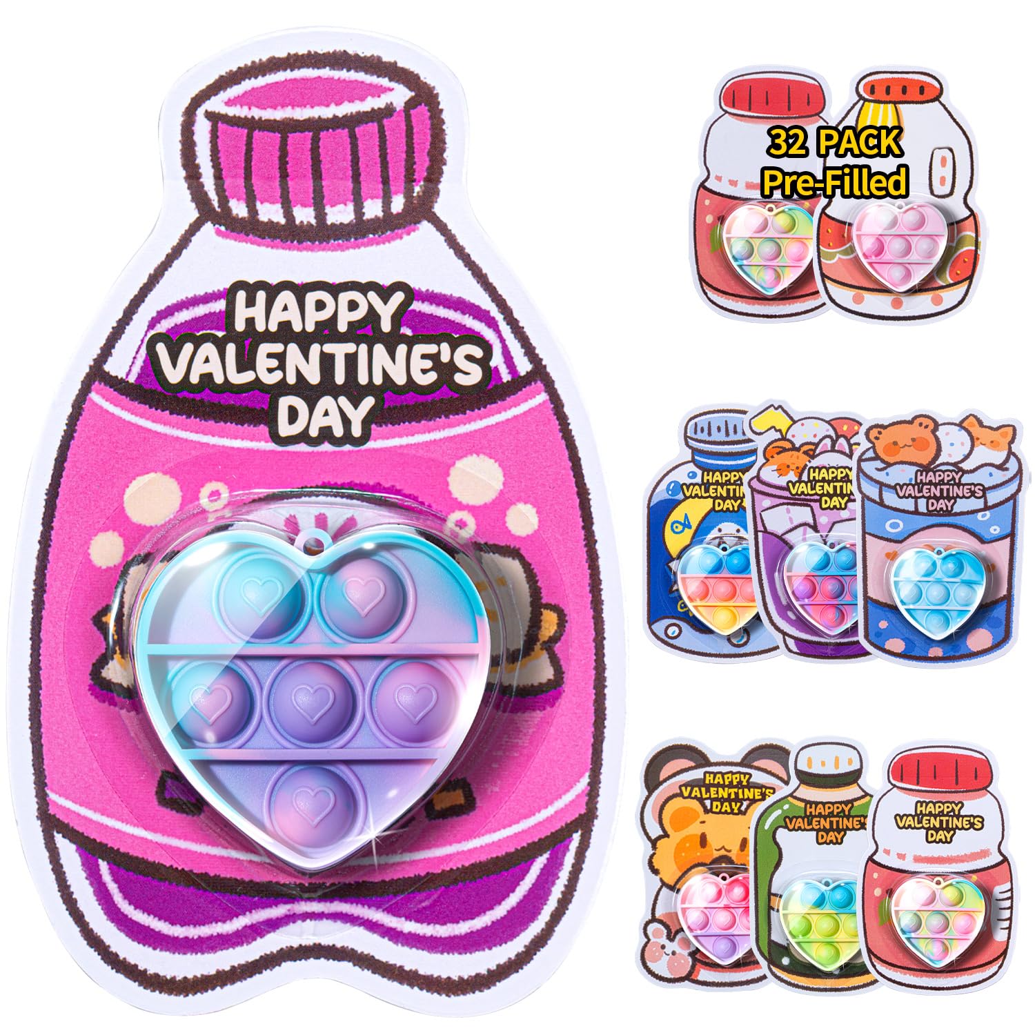 Valentines Day Gifts for Kids - 32 Pack Prefilled Heart Pop Fidget Valentines Cards for Kids Classroom - Valentine Exchange Cards for Boys Girls School Class Gifts Party Favors