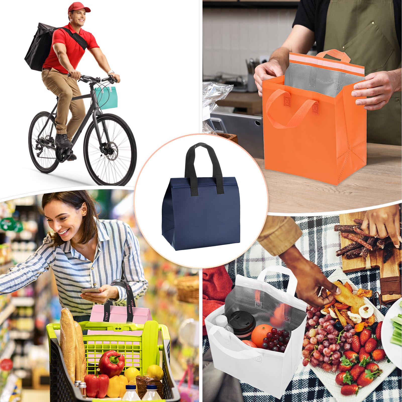 TIXIPEM Insulated Take Away Bags [20PCS] - Bulk Thermal Insulation Food Insulation Cooler Use for Hot Cold Food Frozen Deliver & Fresh Store Grocery Bags - [Navy Blue-9.4IN]