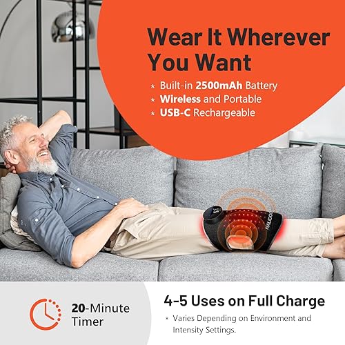 Miniatura 6 de HALIDODO Rodillera de masaje con terapia de luz roja y vibración, controlador recargable inalámbrico, dispositivo calefactable de terapia de luz