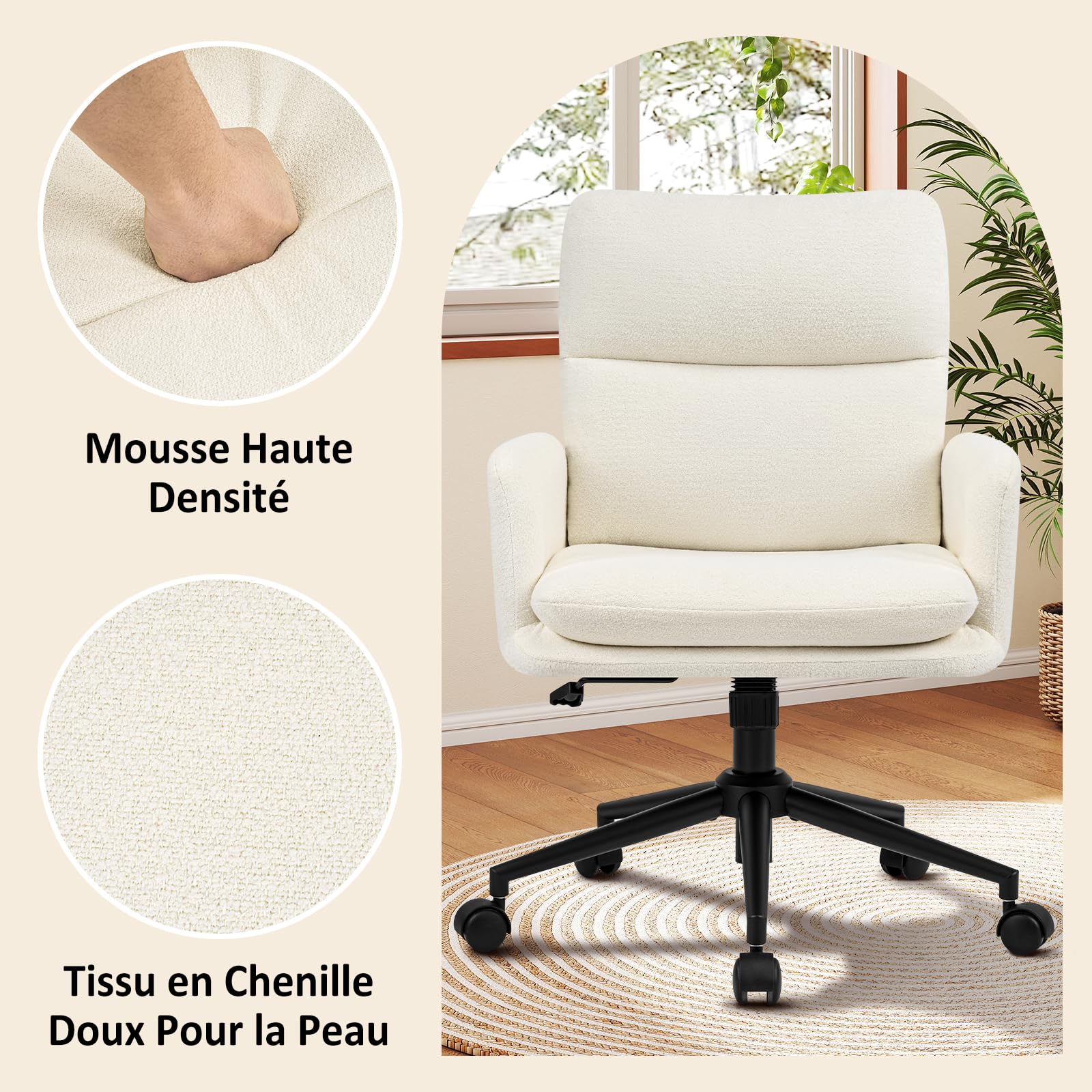 Hellove Fauteuil de Bureau Ergonomique, Chaise de Bureau Pivotante à roulettes avec Accoudoirs, Hauteur Réglable 10 cm, Tissu Chenille Beige – Idéale Aussi comme Chaise Coiffeuse