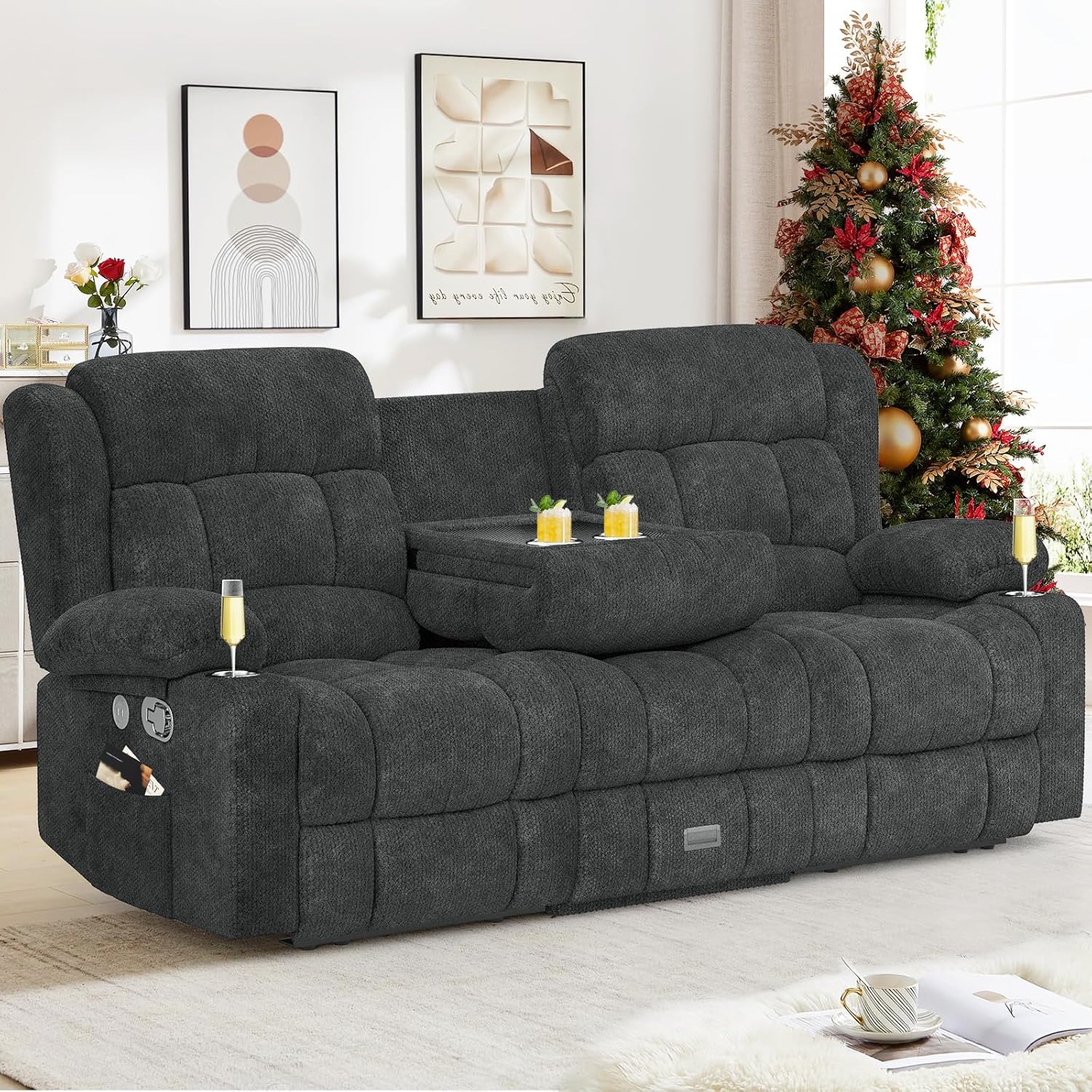Product image of Loveseat Recliner Sofa, Flip Middle Backrest Design 3 Seat Reclining Sofa with Storage Drawer, USB Ports & Cup Holders, Manual Couch for Living Room/RV (Gray)