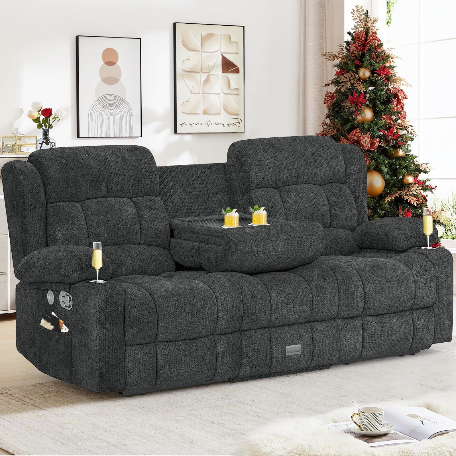 Dresegmt Loveseat Recliner Sofa, Flip Middle Backrest Design 3 Seat Reclining Sofa with Storage Drawer, USB Ports & Cup Holders, Manual Couch for Living Room/Home Theater/RV (Gray)