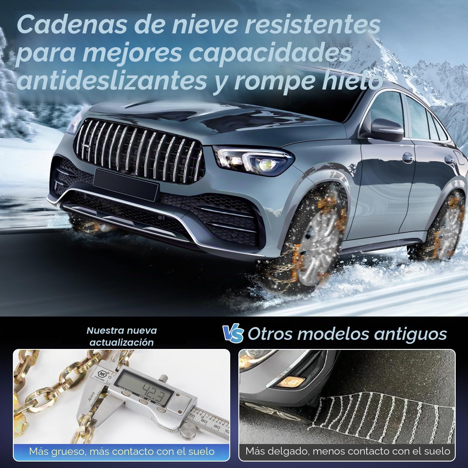 Cadenas de Nieve 4 Piezas Ajustables y Resistentes Con Pala de Nieve de Plástico y Guantes - Para Coches, Camiones, SUV - Ancho 165-265 mm