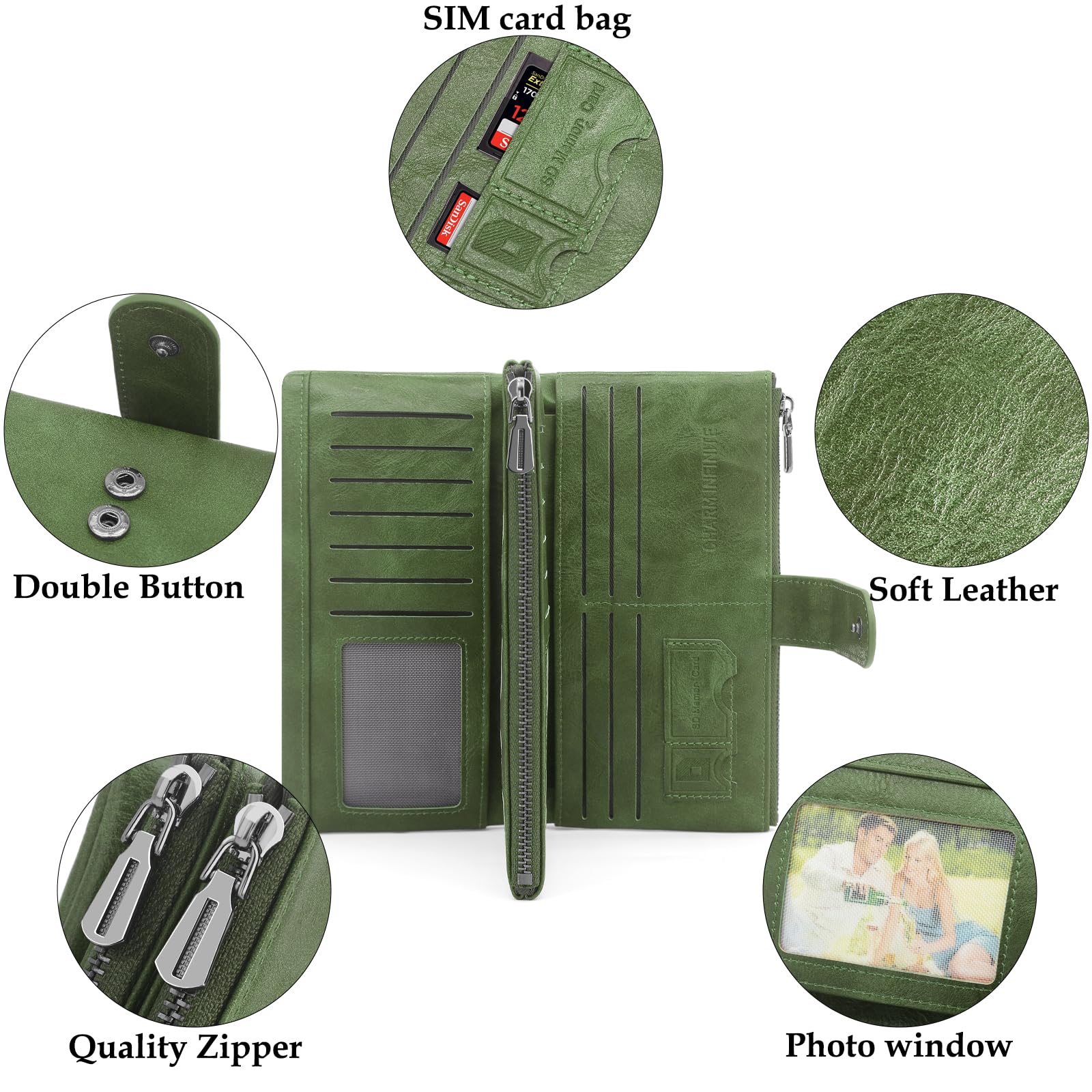 REETEE Portafoglio Donna Grande Portafoglio in Pelle PU Blocco RFID Lungo Portafogli da Donna Cerniera Grand Portamonete e 23 Porta Credito Carte Molti Scomparti (verde)
