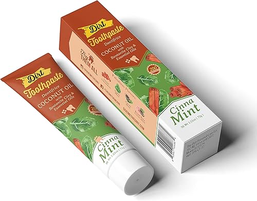 THE DIRT Pasta de dientes de aceite de coco, sin flúor ni gluten, cuidado bucal natural para una sonrisa refrescante, sabor a menta Cinnna (2.54 oz