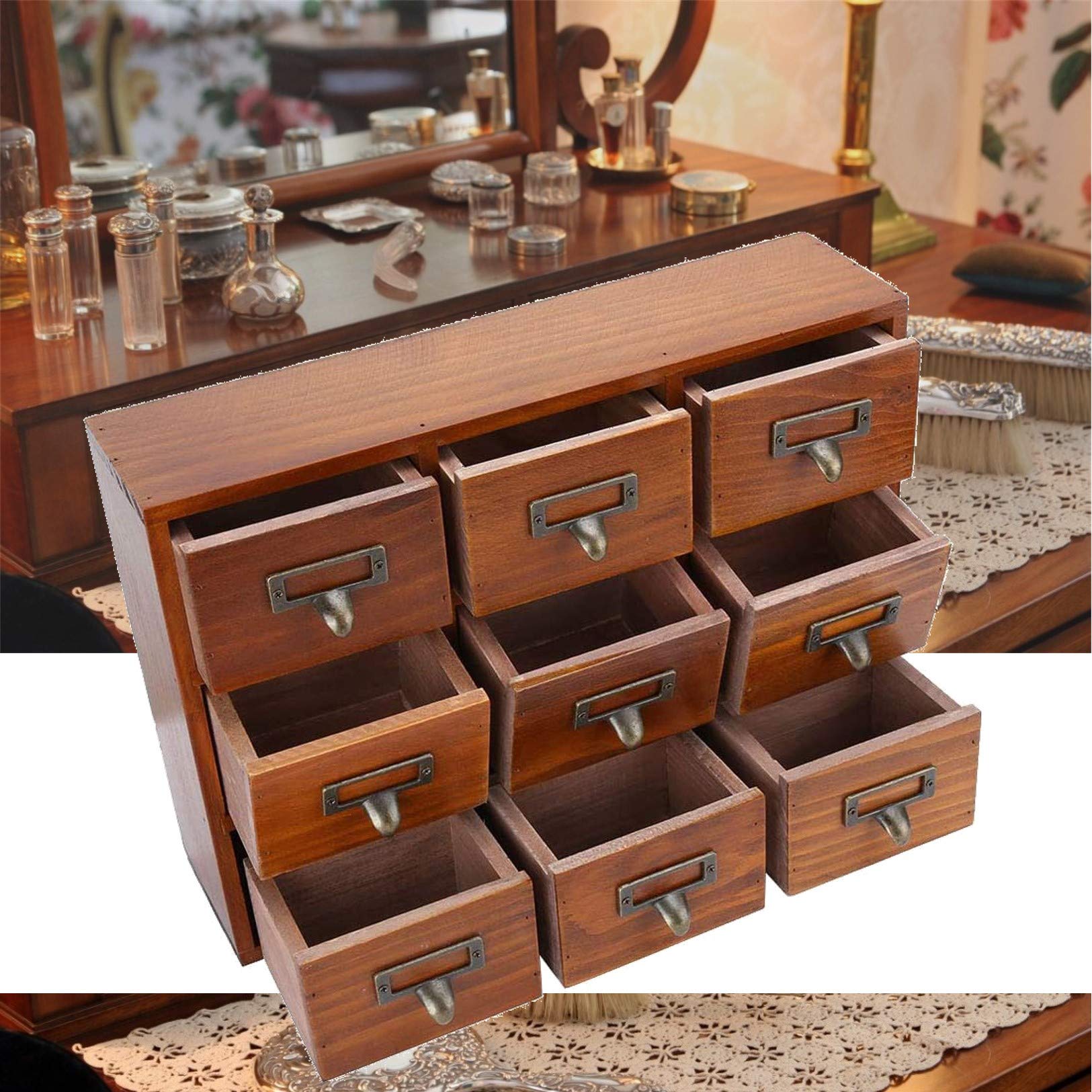 Tiroir vintage boîte de rangement en bois organisateur d'armoire apothicaire avec poignée en pin solide pour bijoux et maquillage (conception de poignée bois de pin solide et dura)