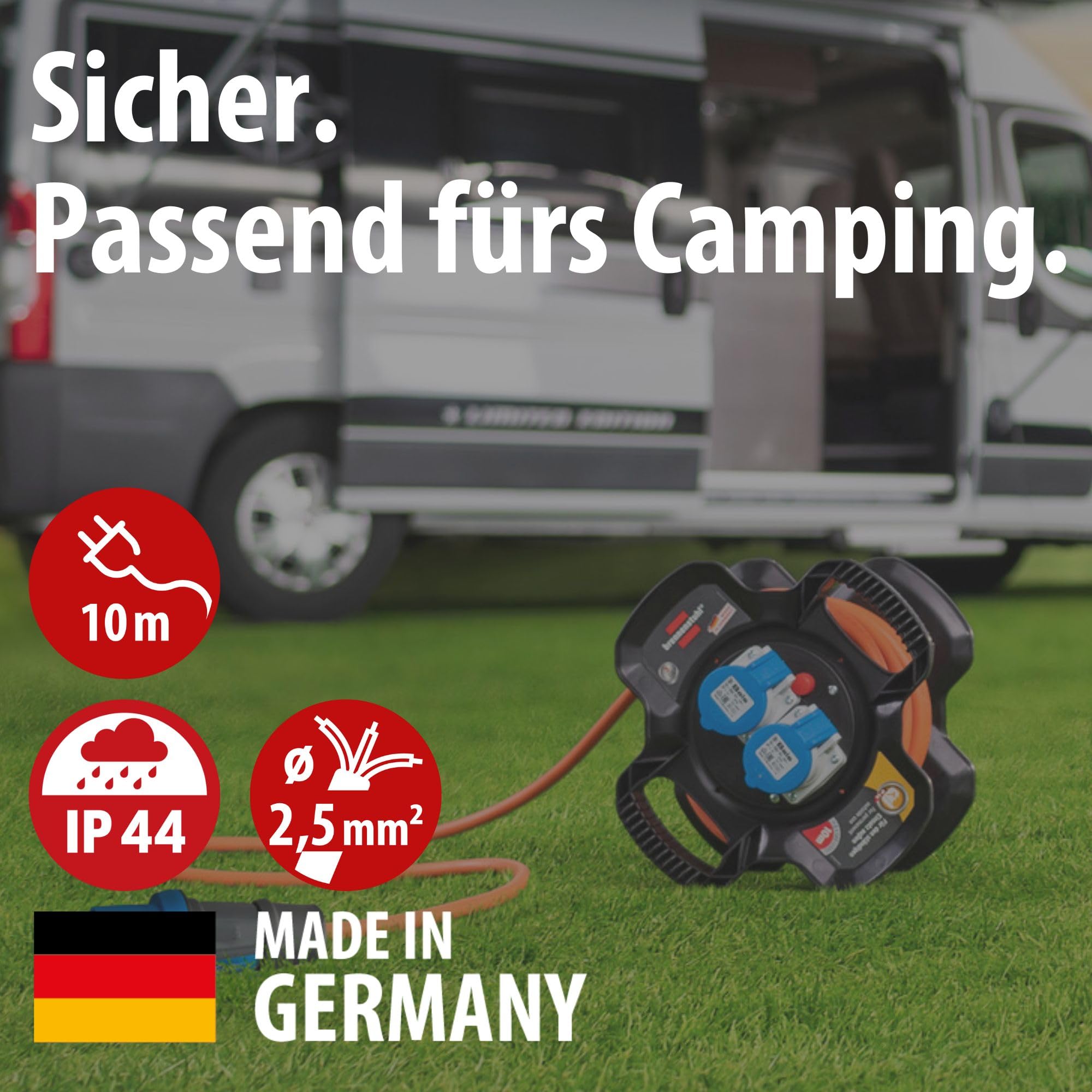 Brennenstuhl CEE 230V Camping Kabeltrommel X-Gum (10m H07RN-F 3G2,5 Kabel in orange, Kabeltrommel mit 2 CEE- und 3 Schutzkontakt-Steckdosen, ständiger Einsatz außen IP44, Made in Germany)