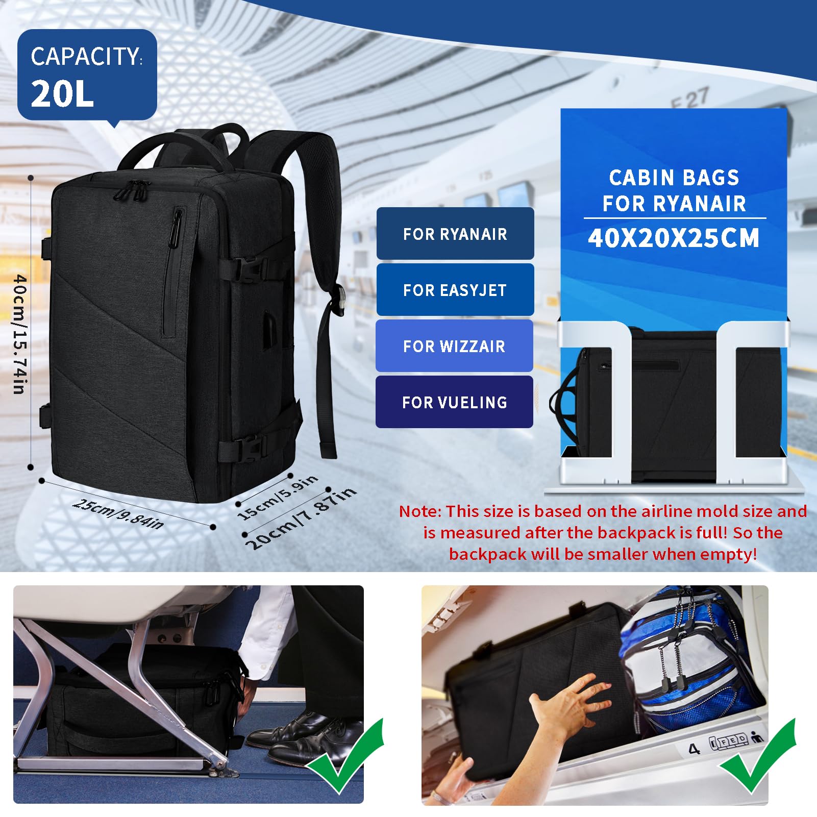 Leyrica Zaino da Viaggio per Ryanair/Wizzair 40x20x25 Bagaglio a Mano Unisex Borse da Cabina Zaino per Laptop Casual Zaino Università/Lavoro Impermeabile