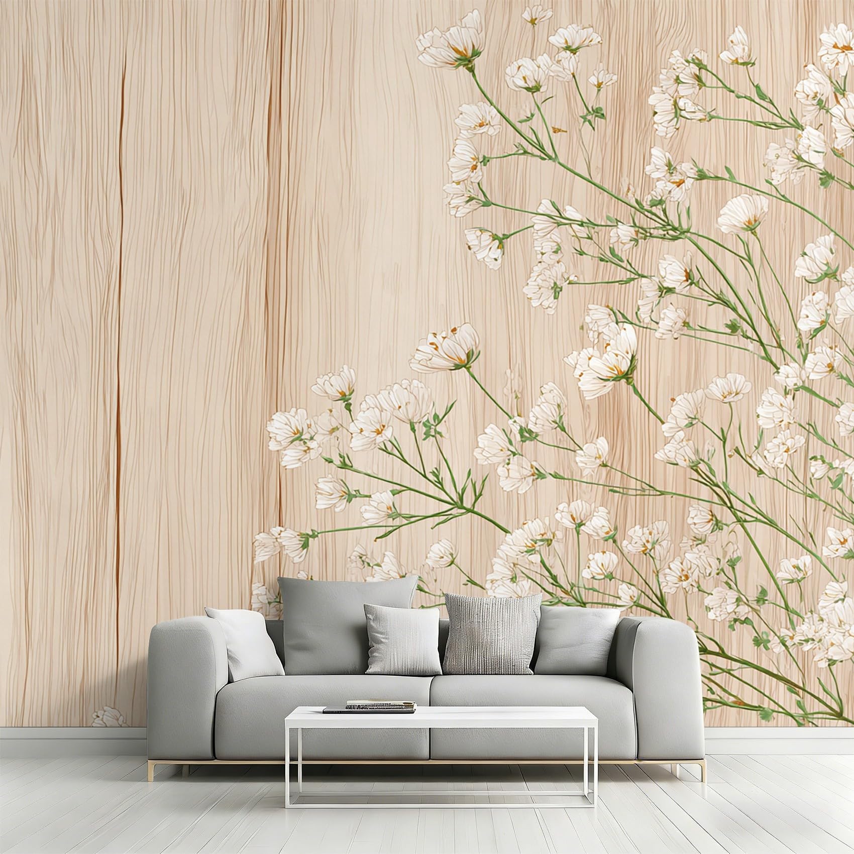 Générique Papier Peint Intissé Fleurs Sauvages, Papier Peint Panoramique Floral Ferme Grain de Bois 350x250 cm, Papiers Peints Beige Clair Vert Décoration Murale Salon Chambre w6g32