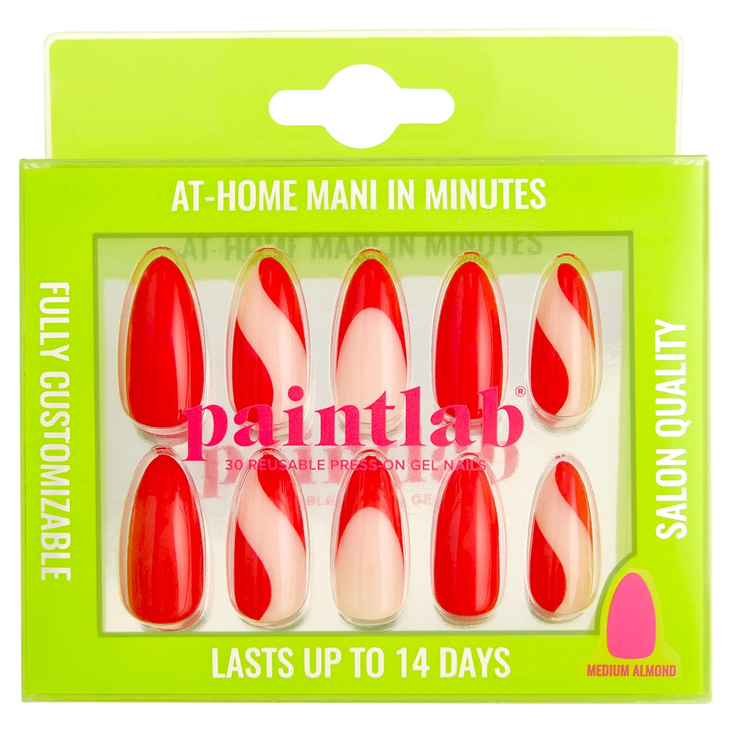 PaintLab Press-On Nails Manicure Kit, Scarlet Swirl - Almond, 30-Piece Set, Long-Lasting Fake Nails with Glue, File, Prep Pad & Cuticle Stick
