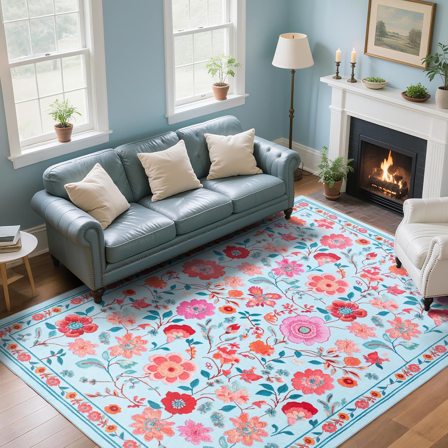 Living Room Rug 6x9 Rug, Machine Washable Area Rug Non Slip Low Pile Floral Rug for Living Room, Bedroom, Farmhouse, Dining Room, Kids Playroom, Blue