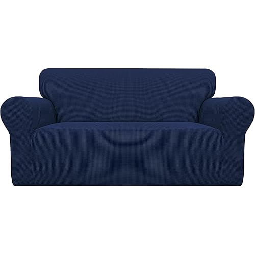 Easy-Going Stretch Loveseat Slipcover 1-Piece Sofa Cover Furniture Protector Couch Soft with Elastic Bottom for Kids Polyester Spandex Jacquard Fabric Small Checks (Loveseat, Navy)