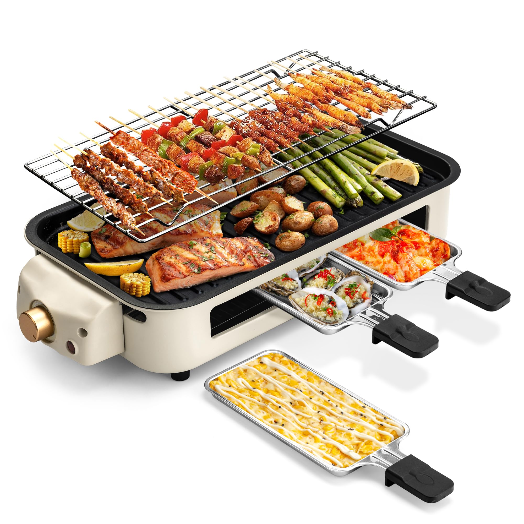 Pukomc Electric Indoor Grill,2 in 1 Indoor Grills for Kitchen with Grill Net & Non-Stick Cooking Removable Plate, Temperature Control, Dishwasher Safe, 1700W Smokeless barbecue