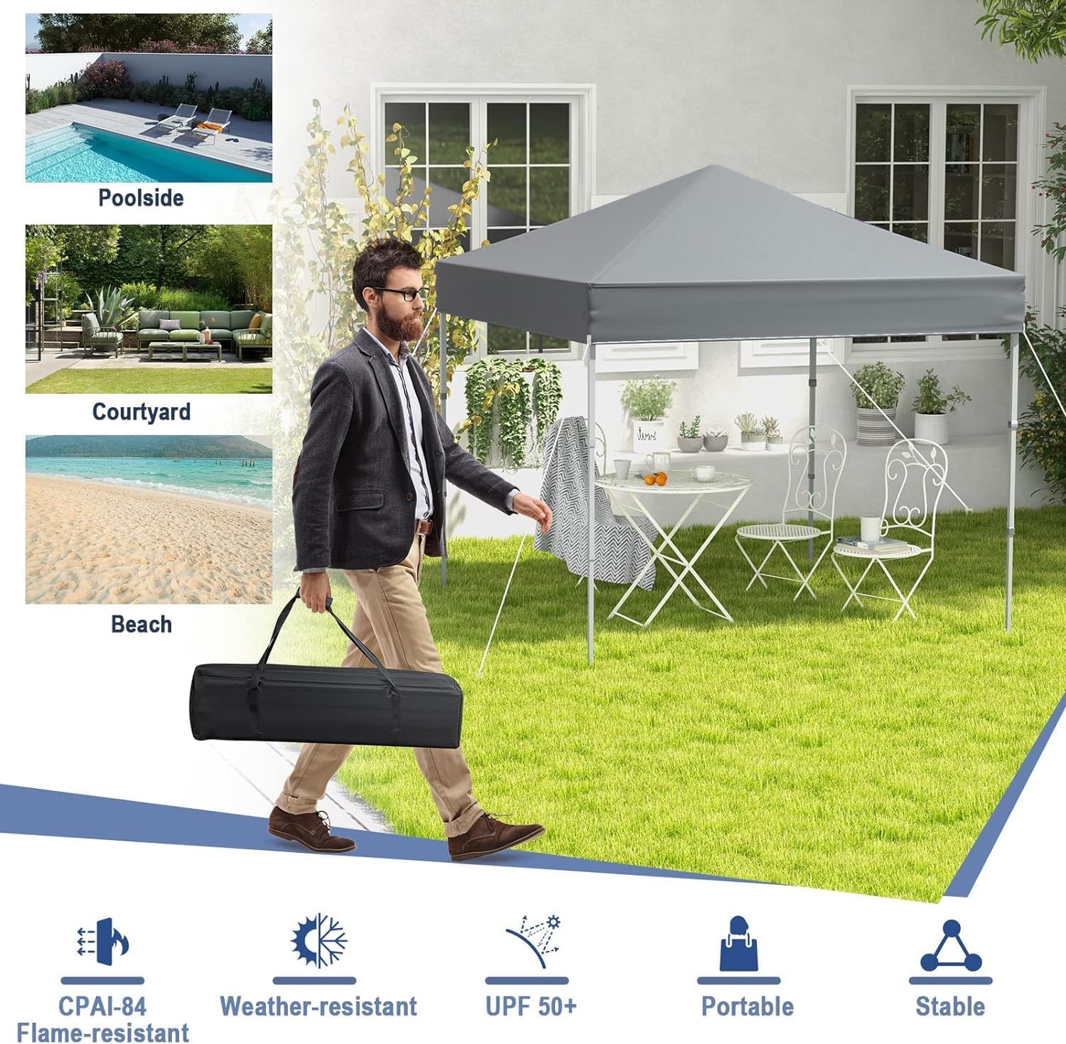 LDAILY 6.6 x 6.6 Ft Pop Up Canopy, Portable Canopy Tent Heavy Duty Instant Canopy w/Center Lock, 8 Stakes, 4 Ropes, Carry Bag, Sun Protection, Easy Up Outdoor Canopy for Party, Camping, Patio (Grey)