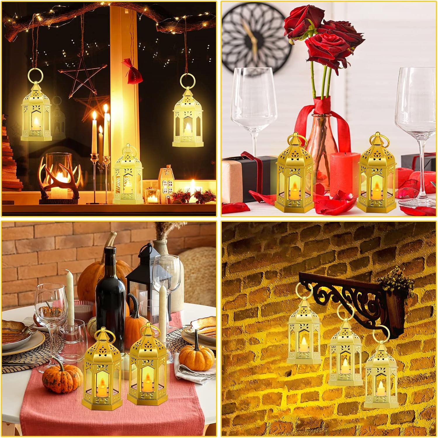 Hortsun 24 Pcs Ramadan Lantern Mini Vintage Lanterns with LED for Wedding Table Centerpiece with Flickery Candle Battery Powered Festival Hanging Tealight Christmas Party Decoration Supplies(Glitter)