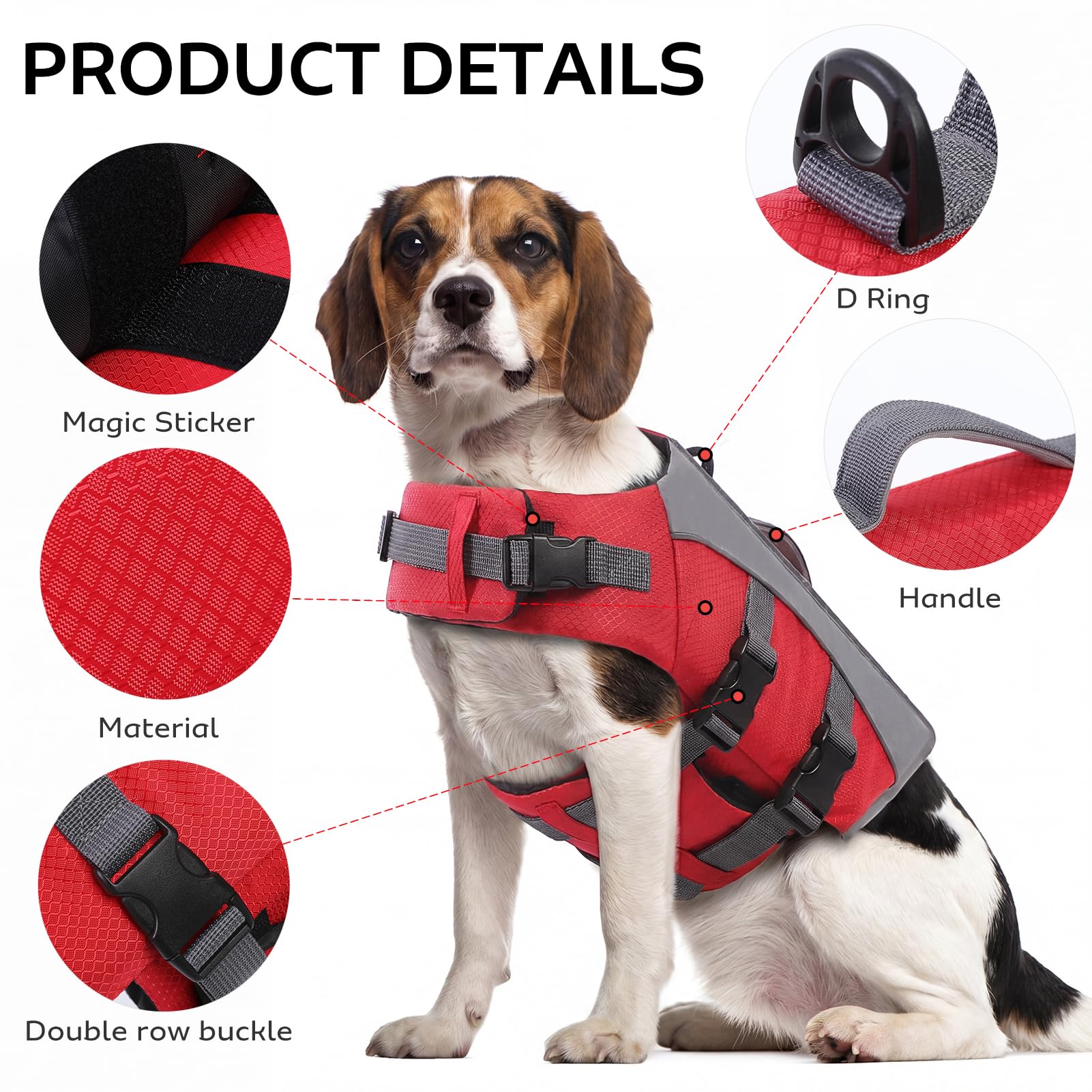 CITÉTOILE Chaleco Salvavidas para Perros - Chaleco Reflectante Flotante con Asa, Flotadores y Correas Ajustables para Seguridad en Agua, Piscina, Rojo, XXL