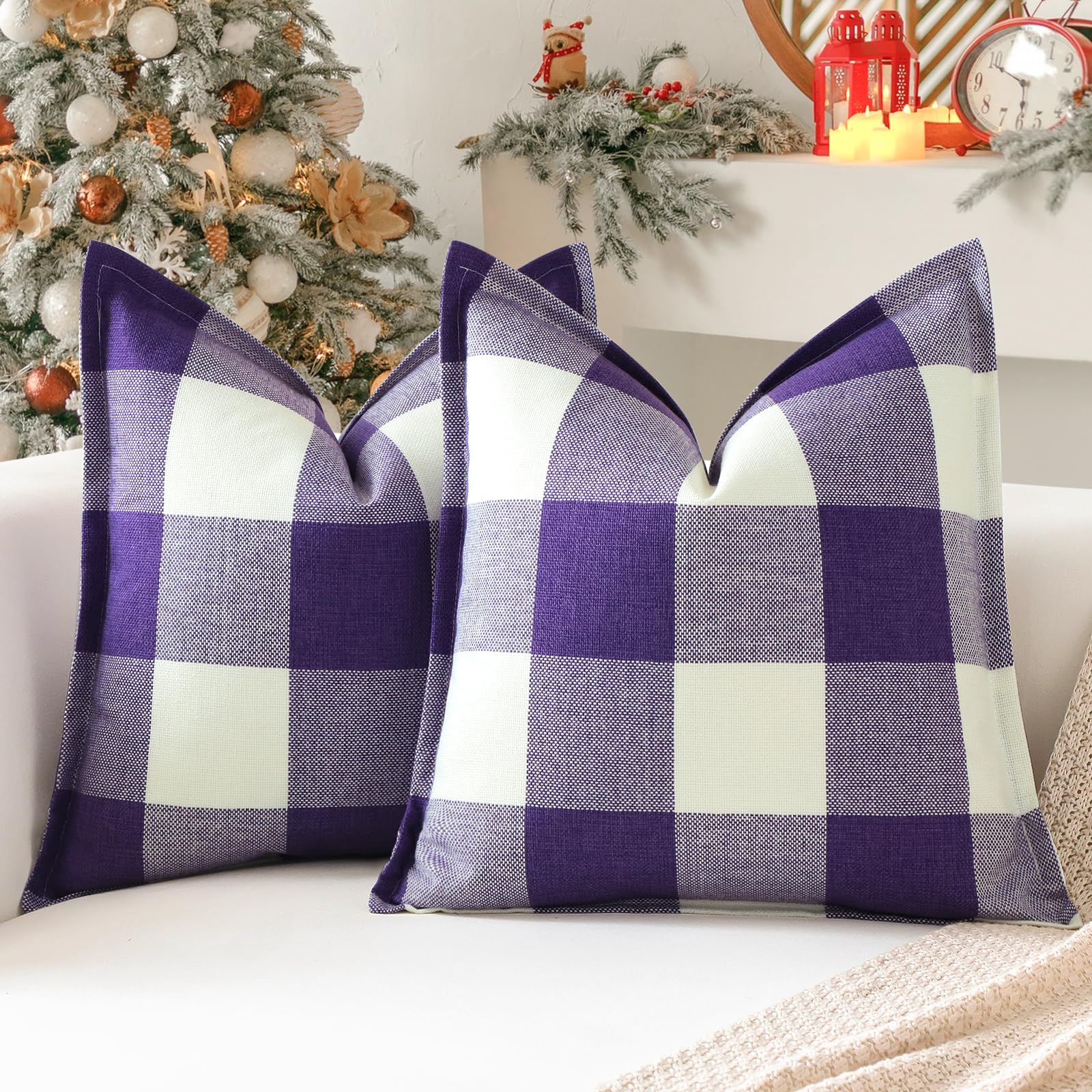 Sungeek Buffalo Check Plaid Cushion Covers 60 x 60 Set of 2 Linen Christmas Tartan Decorative Square Pillow Covers with Stitched Edge for Sofa Couch Bed Living Room 24x24 Inch (Purple)