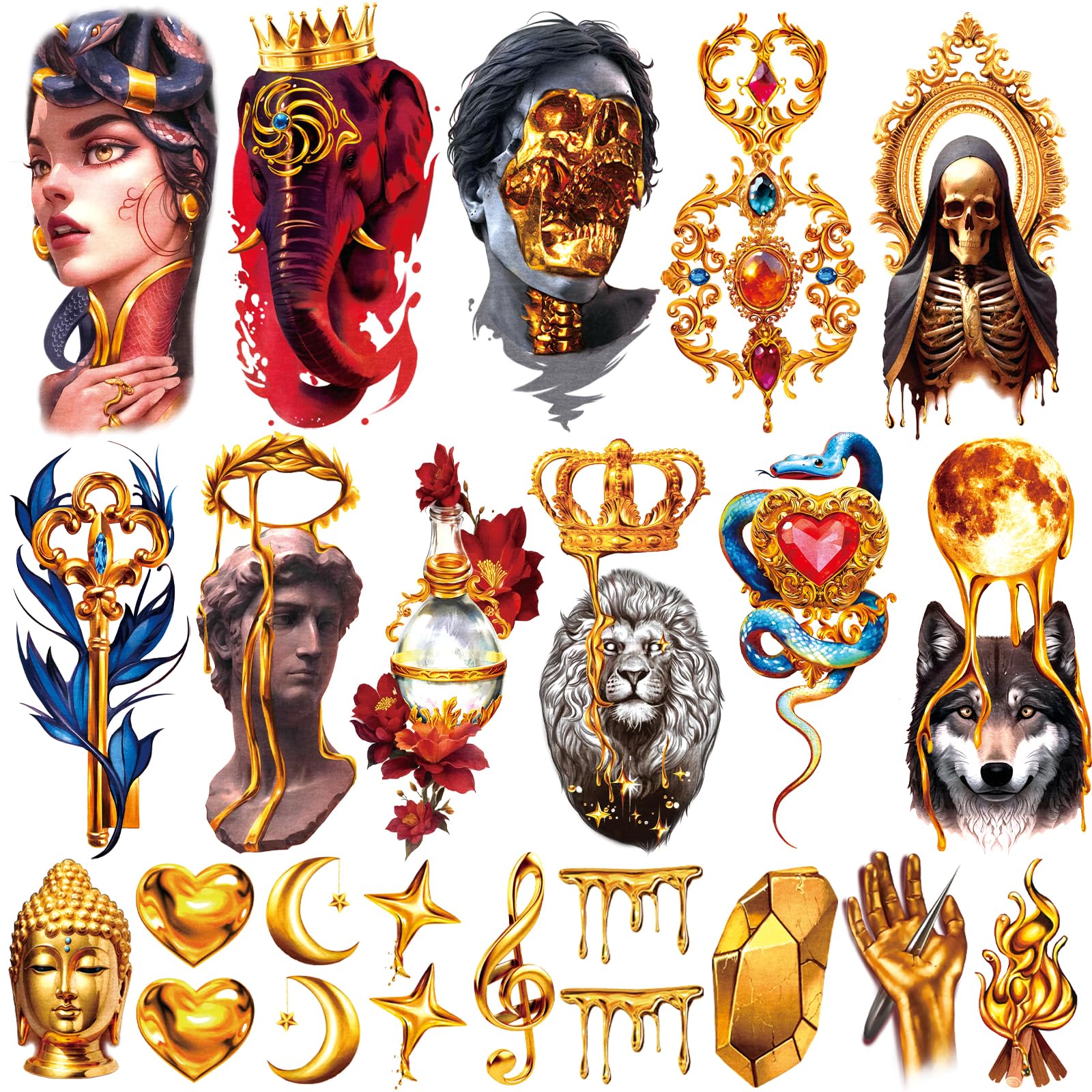 77 Sheets Temporary Tattoo, Lion Wolf Snake Skull Elephant Fake Tattoos for Adults Neck Shoulder, Bee Angel Crown Scepter Realistic Temporary Tattoos