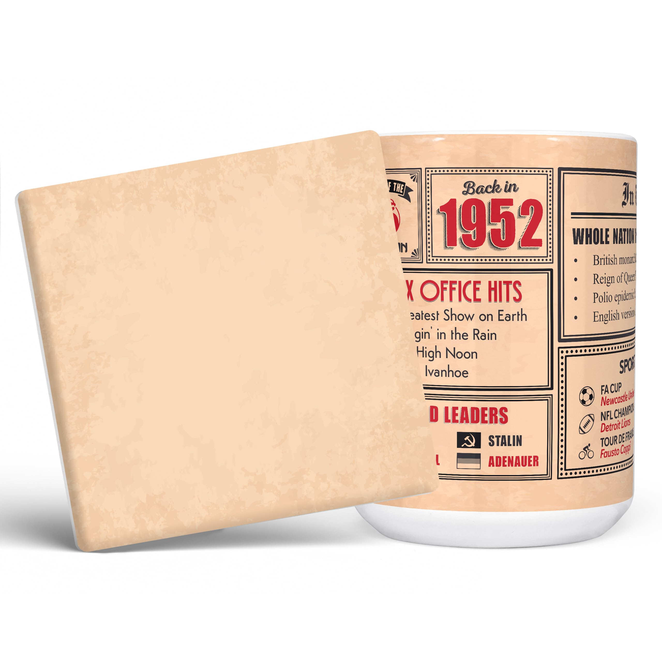Mug Monster - 74th Birthday Gift - Back in 1952 in This Year Mug, Present for Men and Women, Birthday Gifts for Women, Birthday Gifts for Men, 74th Anniversary Present, 15oz White Mug & Coaster
