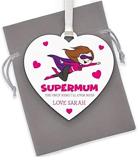 Supermum Gifts - Female Superhero Gifts for Mum Her - Personalised Wooden Heart Plaque Sign Gifts for Her Mum Nanny Granny Nanna Nan - Mothers Day Gifts - ANY NAMES - With Grey Bag