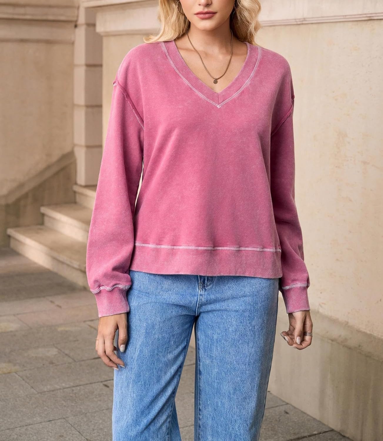 Women's 100% Cotton Retro Sweatshirt V-Neck Long Sleeve Loose Fit Pullover Tops - Image 8