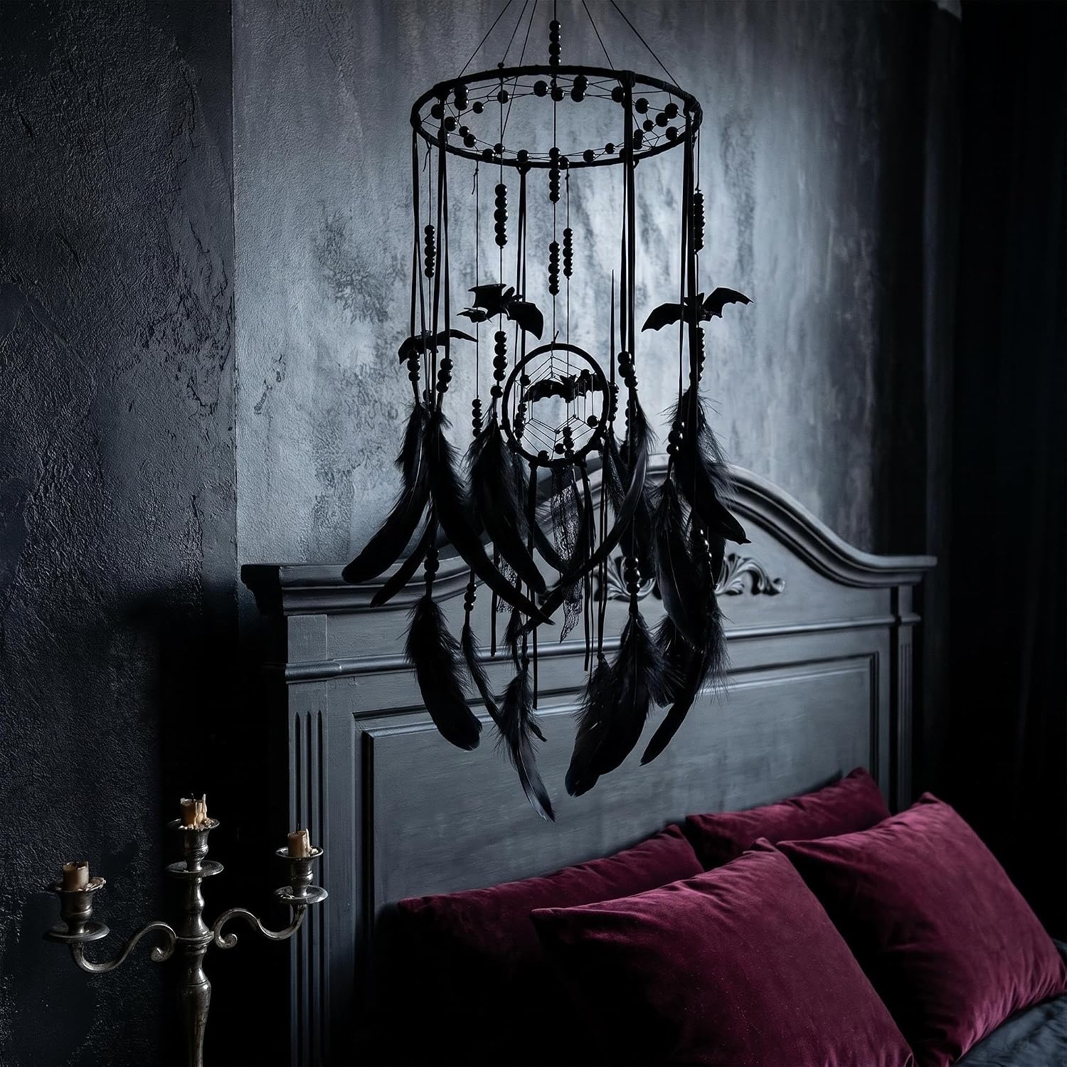 Halloween Gothic Black Dreamcatcher with 5 Bat Ornaments - Wall Hanging for Witchy Home Outdoor Decor, Halloween Bat Decor, Dark Gothic Gift, Goth Wall Hanging Decor