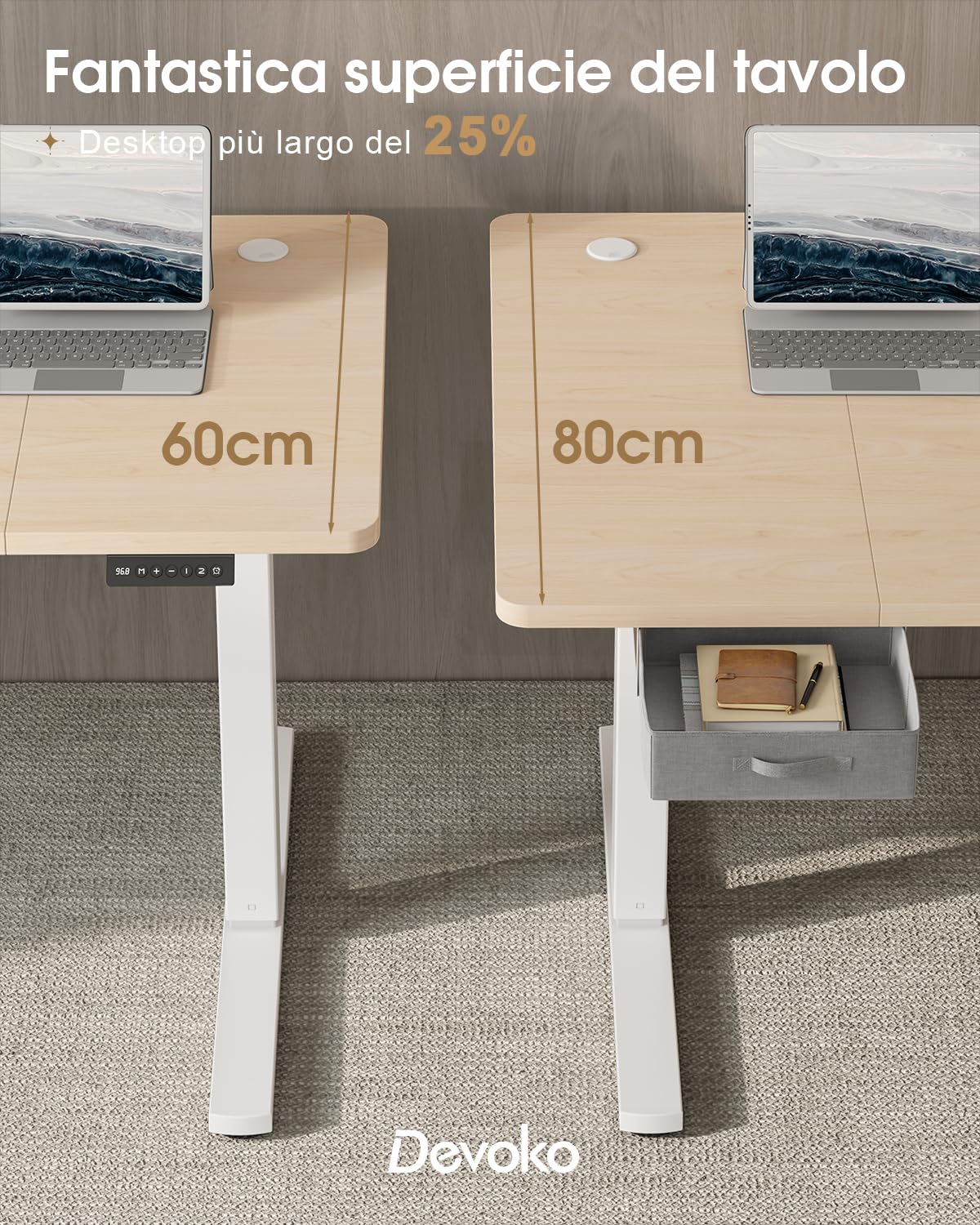 Devoko Scrivania Elettrica Regolabile In Altezza 180 x 80 cm, Ufficio 4 Sezioni Con Funzione Di Memoria, Cassetti, Porte Usb E Sistema Di Gestione Cavi, Beige