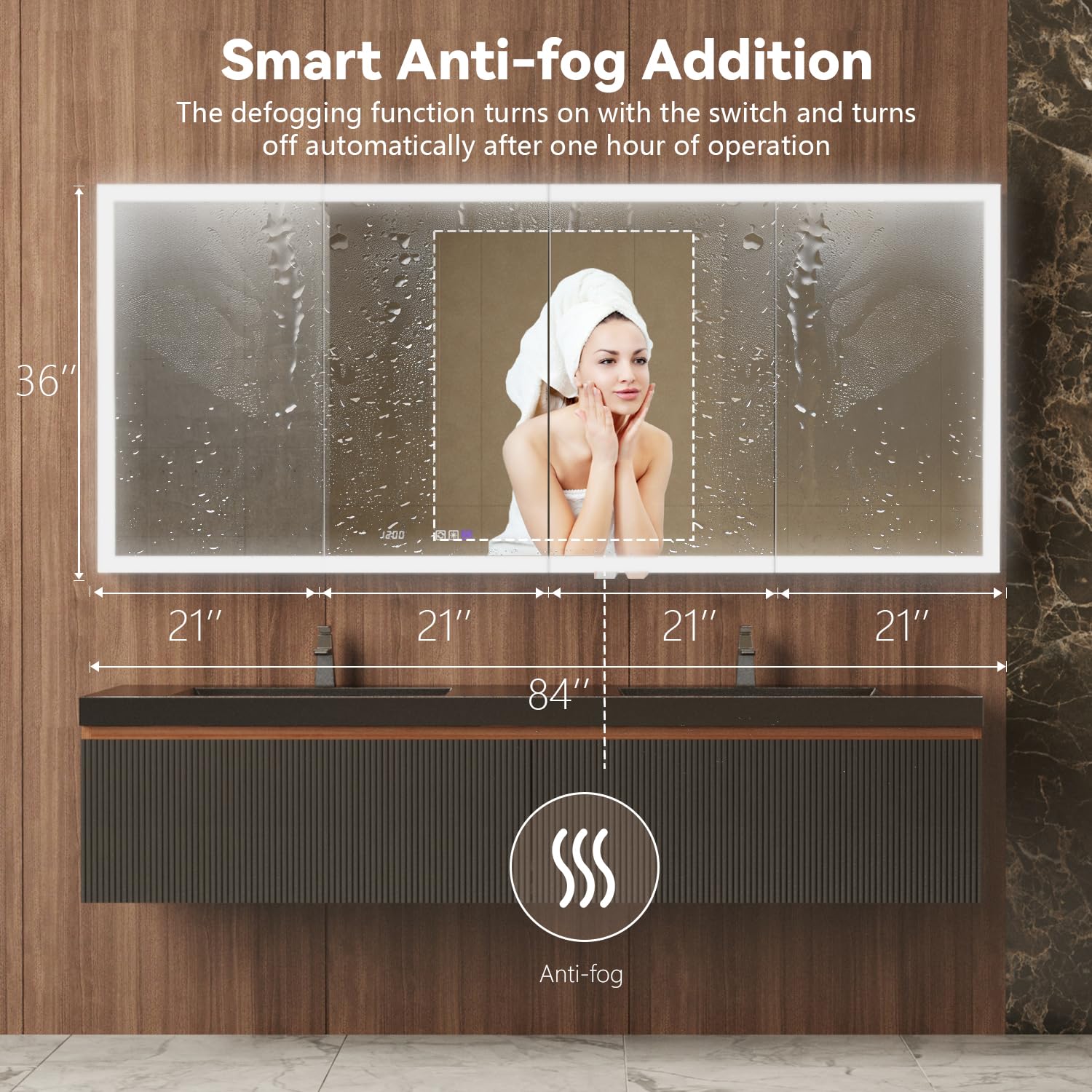 Botiquín inteligente iluminado con espejo, colores regulables continuos, bisagras de 110°, antivaho, luz de sensor, salida de 1800 W y USB, acabado de aluminio cepillado