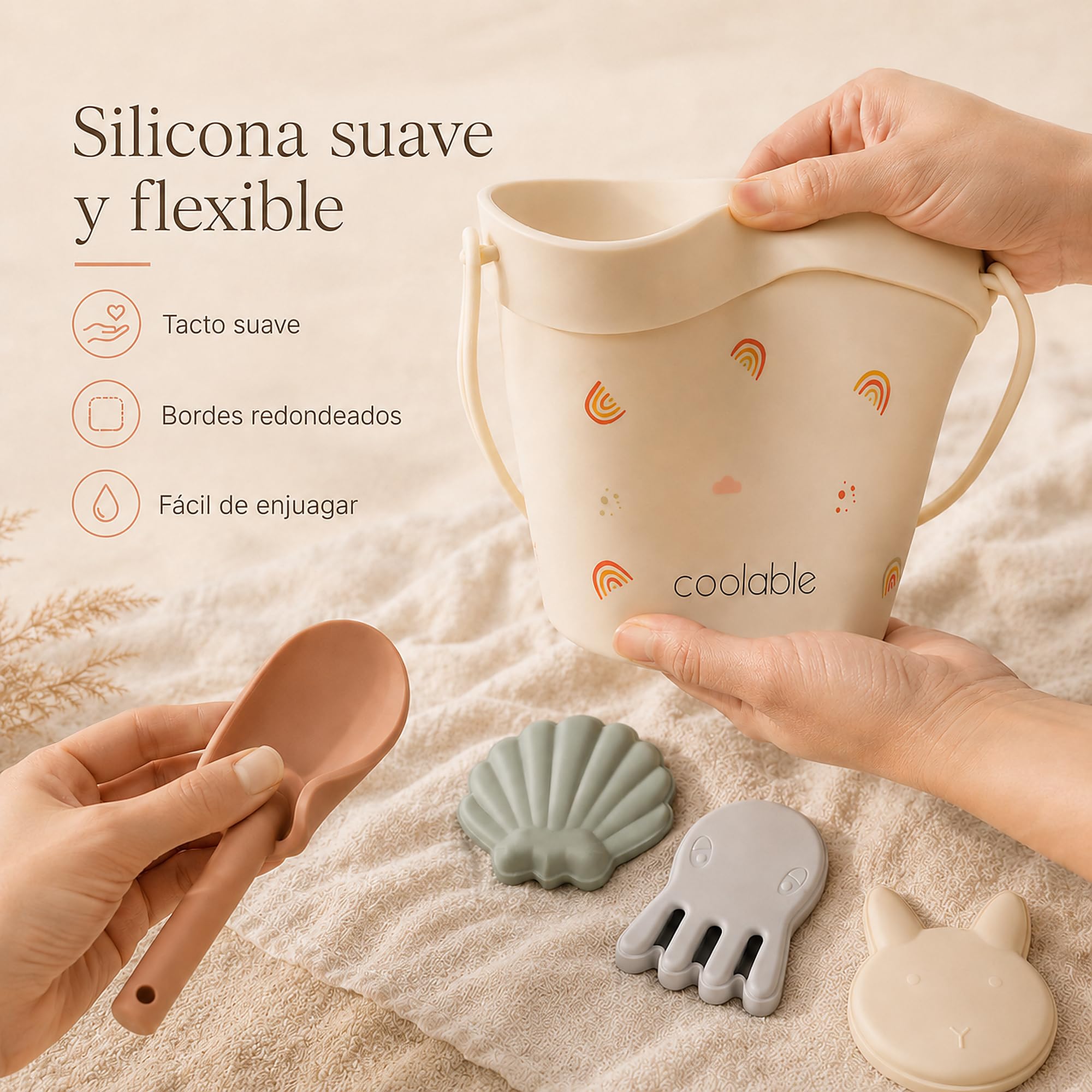 Set de 6 Juguetes de Playa de Silicona para Niños - Cubo Plegable, Pala, 4 Moldes de Arena y Bolsa de Malla - Arcoiris
