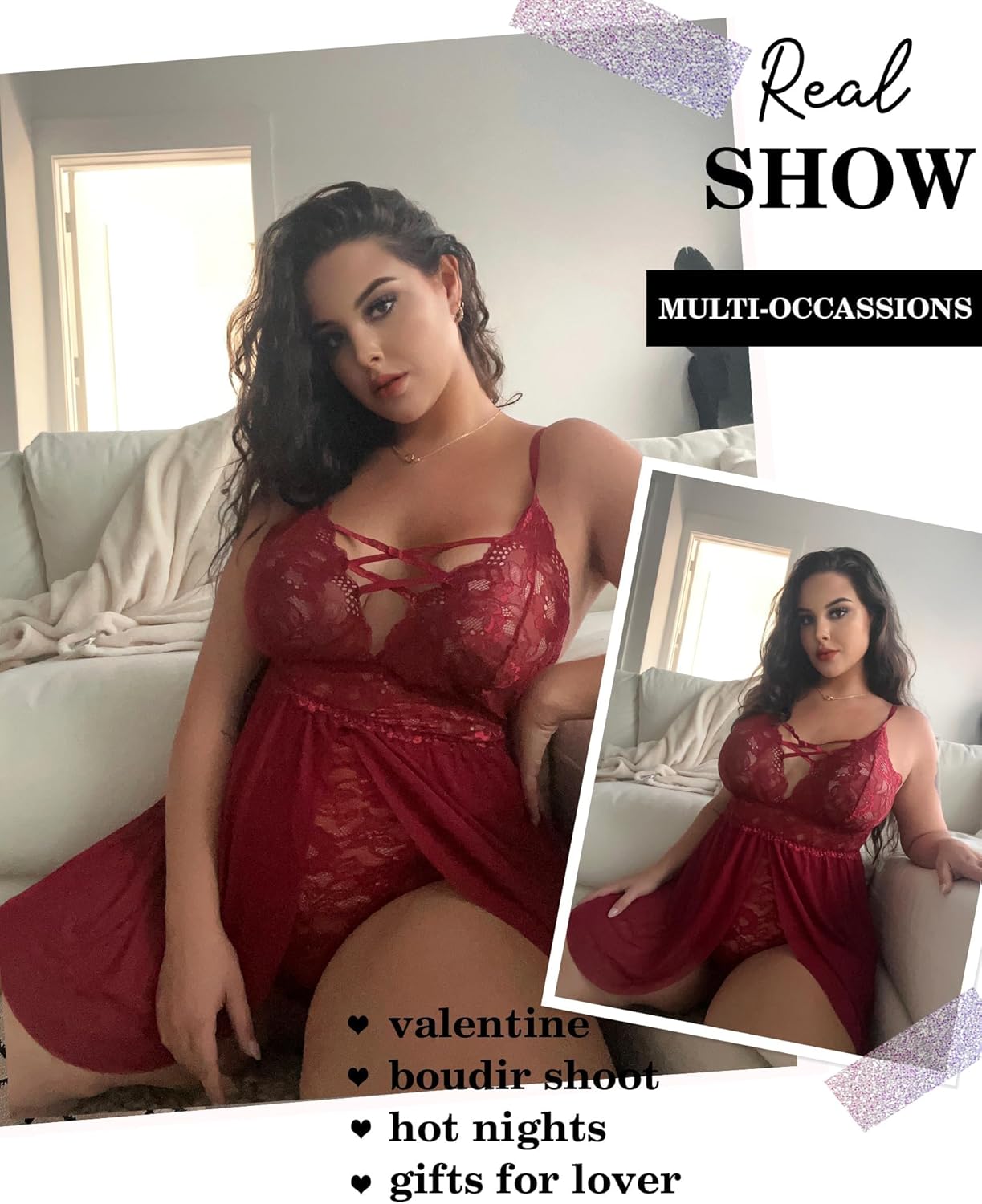 Avidlove Plus Size Babydoll Womens Snap Crotch Lingerie V Neck Lace Nighty Sleepwear L-5XL - Image 6