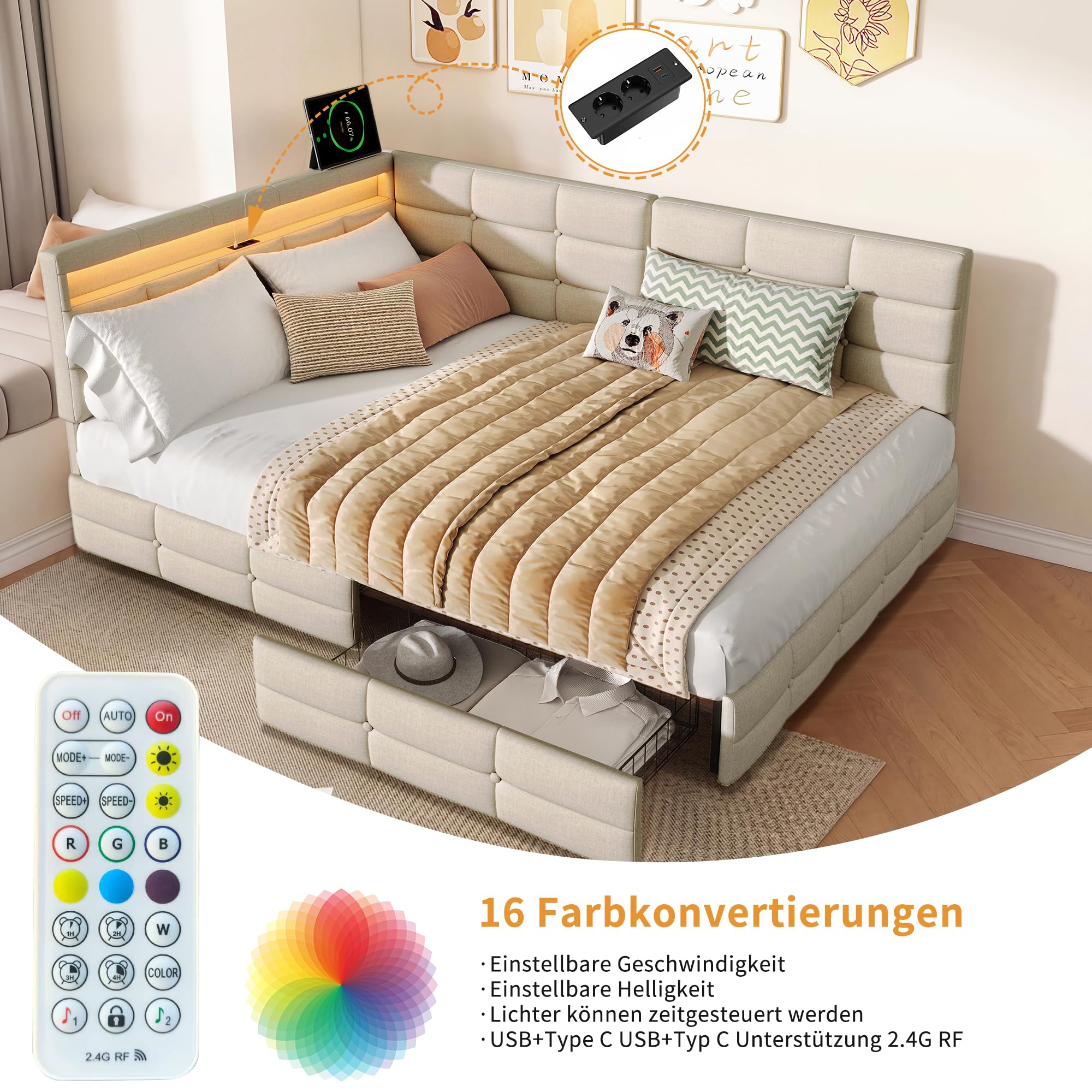 Polsterbett Schlafsofa 140x200, Doppelbett mit LED und USB, Jugendbett mit 2 Schubladen Stauraum, Tagesbett mit Lattenrost, Sofabett, Gästebett, Bettgestell, Leinen Beige, ohne Matratze
