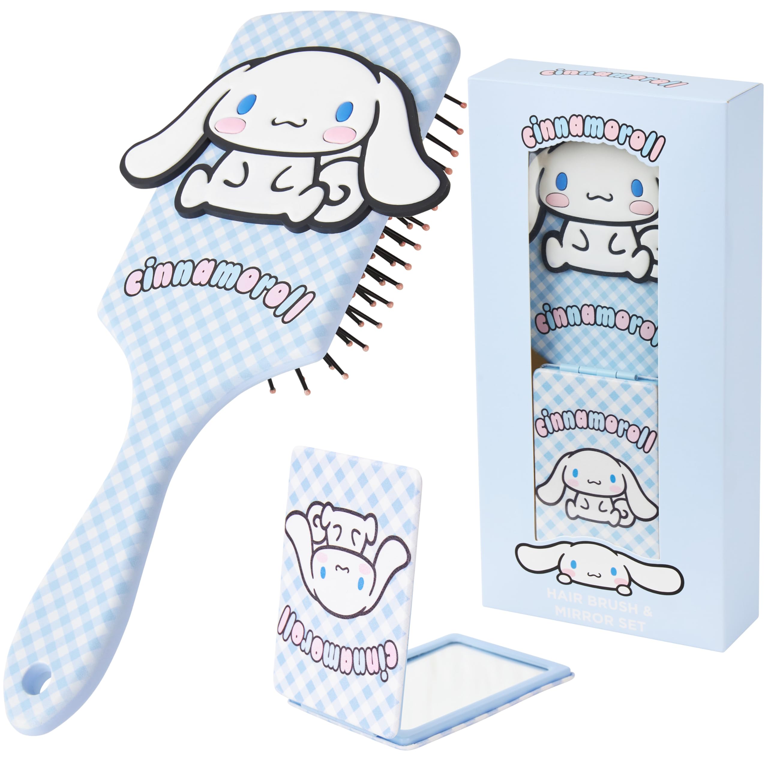 Hello Kitty Sanrio Hair Brush & Mirror Set for Girls Women Kuromi Cinnamoroll Paddle Brush Detangler Kawaii Folding Mirror