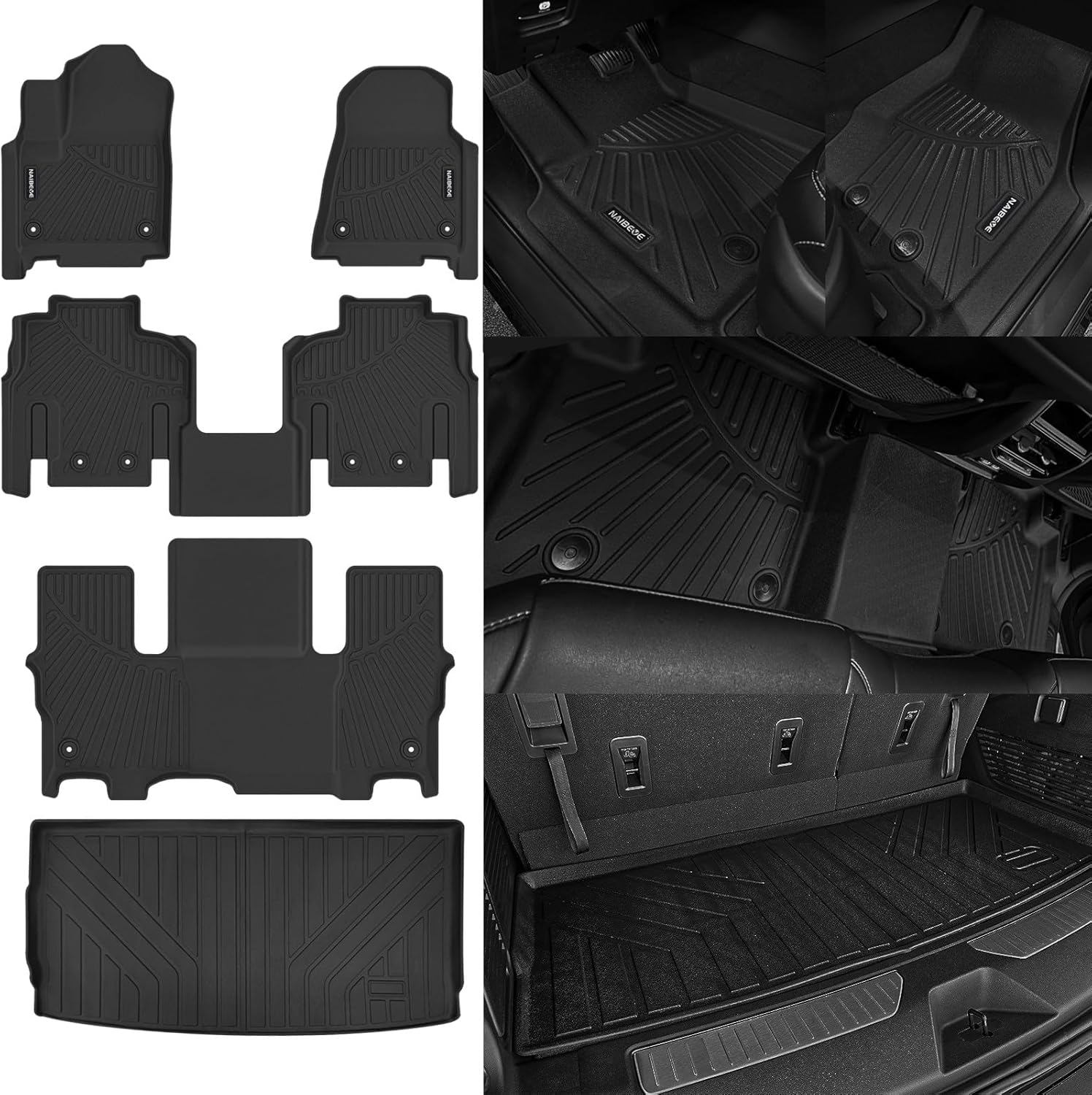 Naibeve Floor Mats for 2022 2023 2024 2025 Jeep Wagoneer 7 Seats-All Weather for Jeep Wagoneer Floor Mats Liners Cargo Liner Behind The 3rd Row