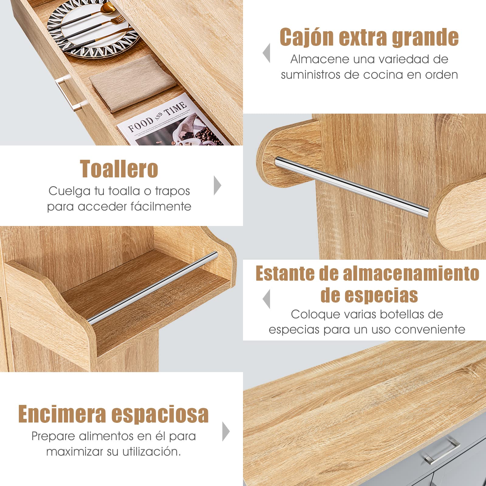 COSTWAY Carrito de Cocina Carro de Servicio Comedor con Ruedas,Toallero,Cajón, Puerta y Estantes Gabinete Mueble de Cocina (Natural)