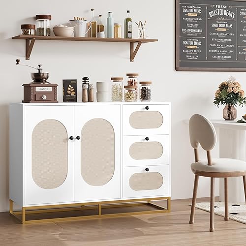 Miniatura 8 de BOTLOG Gabinete de buffet con almacenamiento, armario de almacenamiento de cocina de 47.2 pulgadas con cajones, armario de barra de ratán para sala